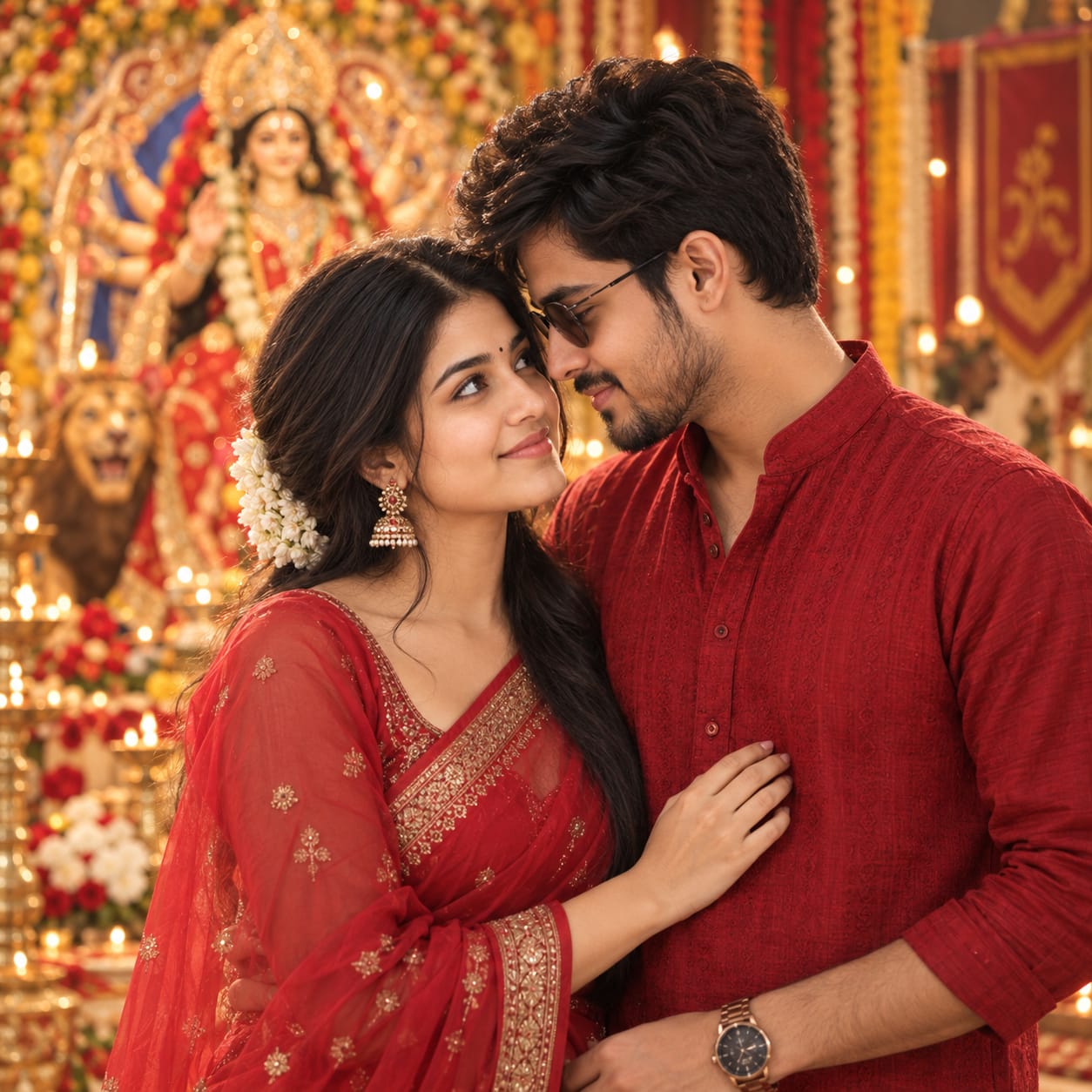 Ultra-photorealistic Navratri couple portrait with red saree, traditional kurta, Ambe Maa idols, festive lights, and cinematic bokeh