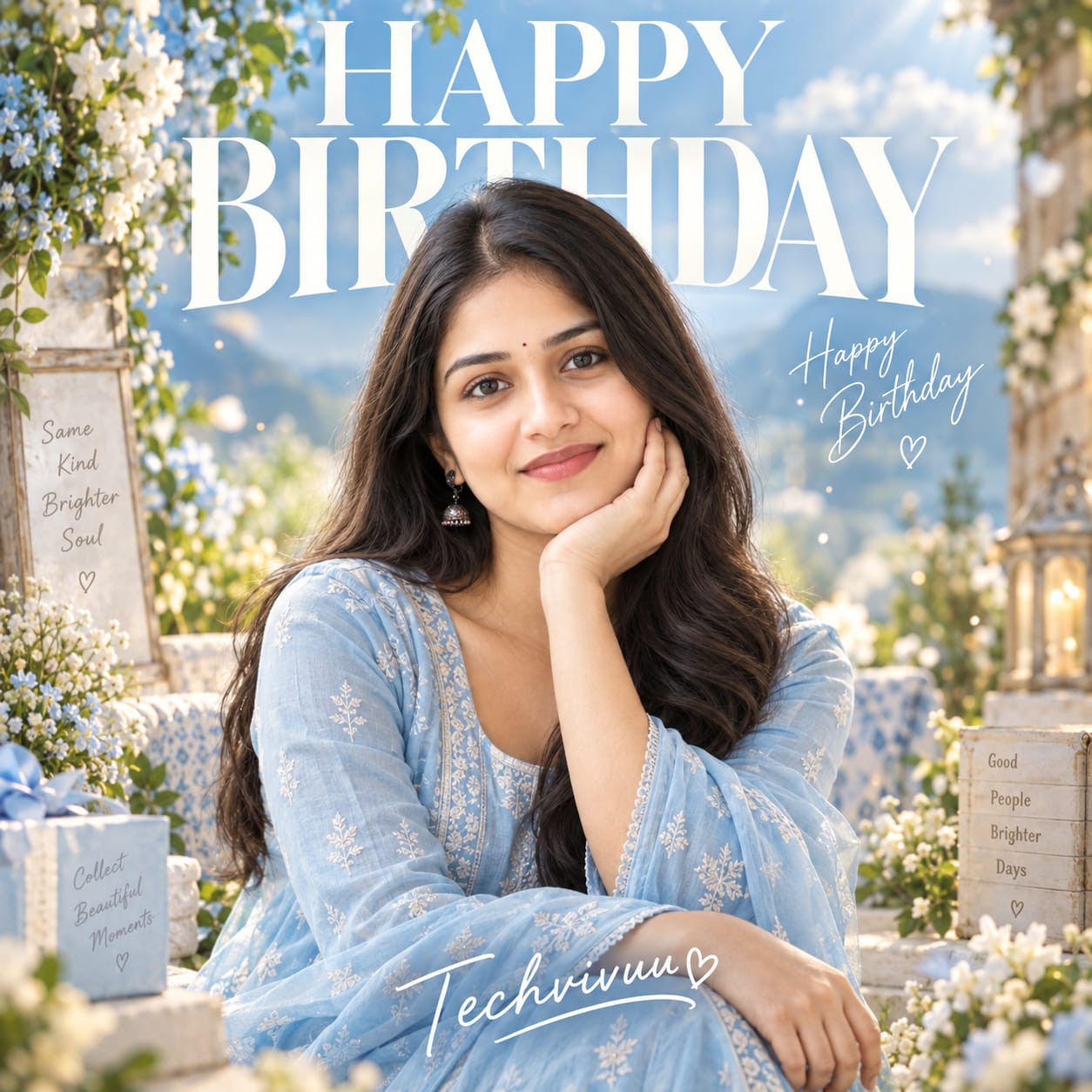 Young man in a light sky-blue embroidered kurta posing in a dreamy garden birthday portrait with white Happy Birthday typography and soft cinematic bokeh.