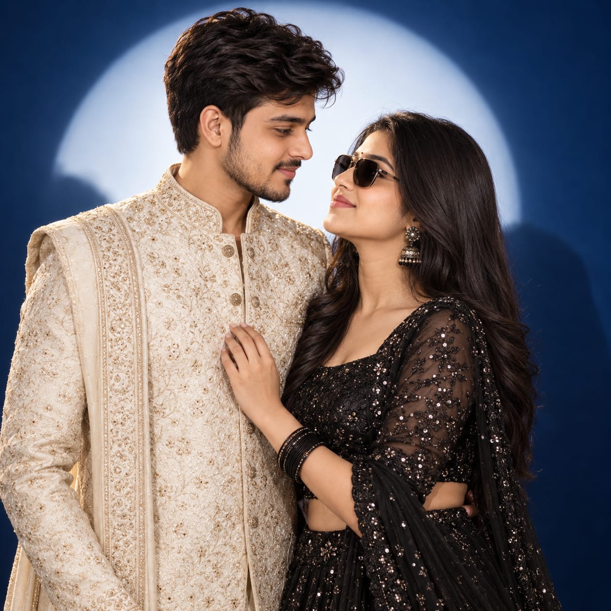 Indian couple in a cream designer sherwani and royal-black sequin lehenga posing against a deep-blue studio backdrop with circular halo lighting