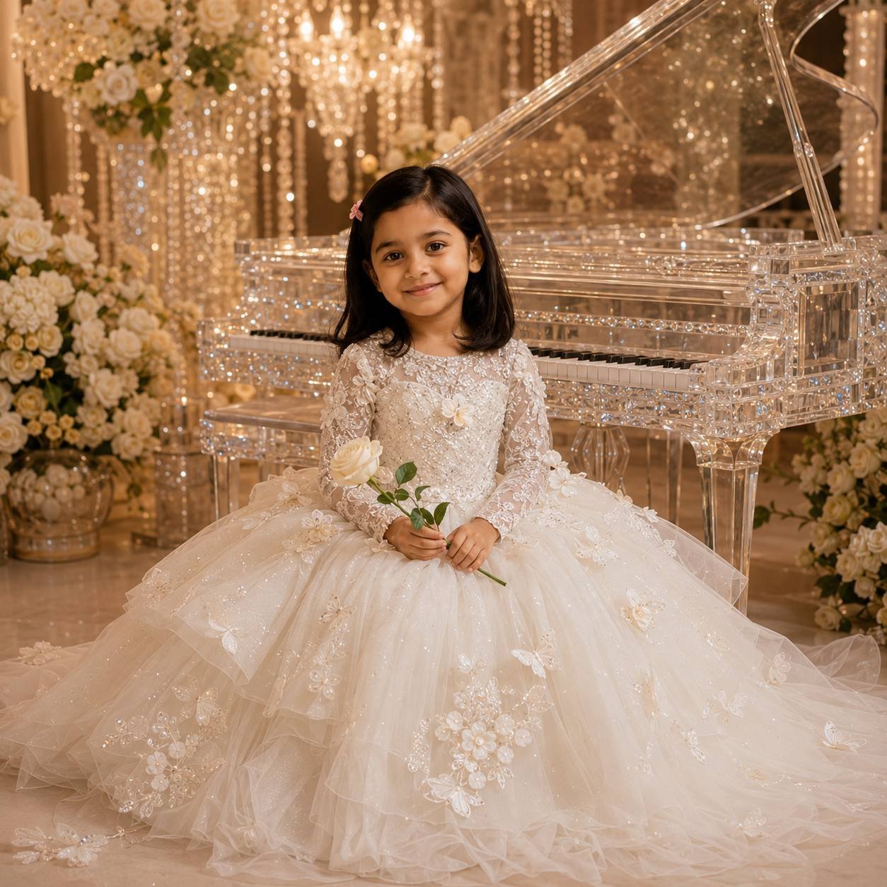 Young woman in a luxurious white princess gown sitting beside a sparkling crystal piano surrounded by flowers and chandeliers in a fantasy editorial portrait Prompt.