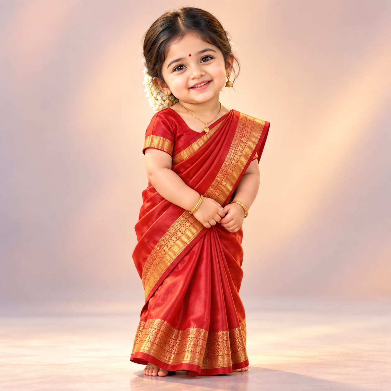 Indian toddler girl in a traditional red silk saree with jasmine flowers, gold jewelry, and a soft pastel studio background