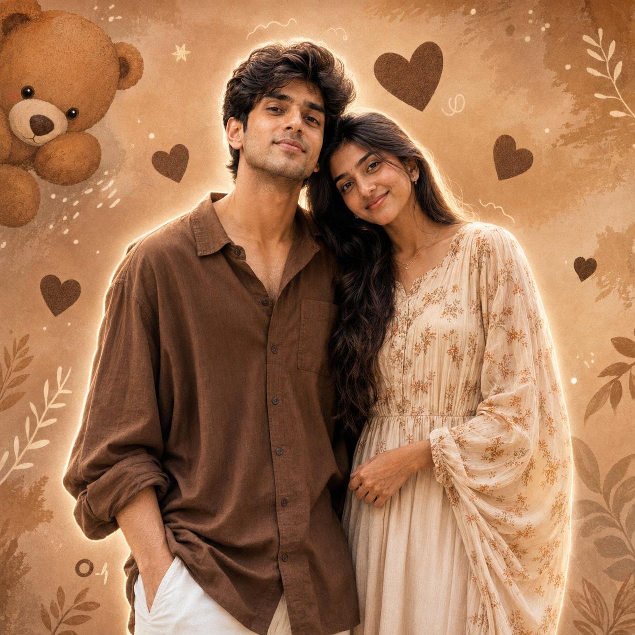 Cute romantic couple portrait featuring warm brown pastel aesthetics, teddy bear decorations, heart elements, and dreamy cinematic lighting.