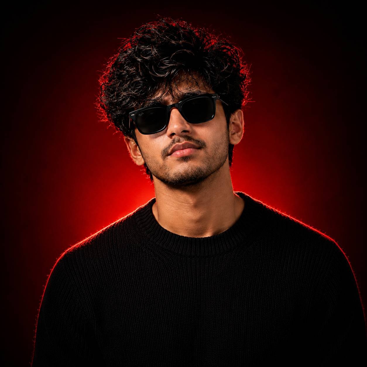 Stylish man wearing black sunglasses and a black sweater illuminated by dramatic red rim lighting in a luxury editorial portrait Prompt.