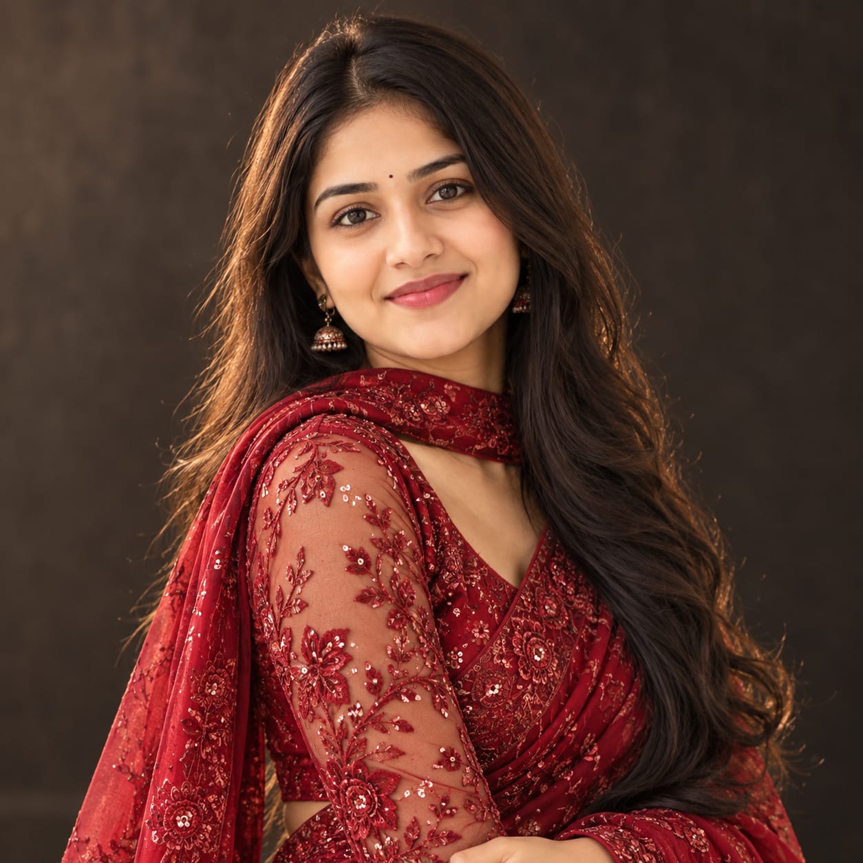 Young girl in a luxurious deep-red embroidered saree with sequins, open wavy hair, and elegant makeup in a dark studio setting.