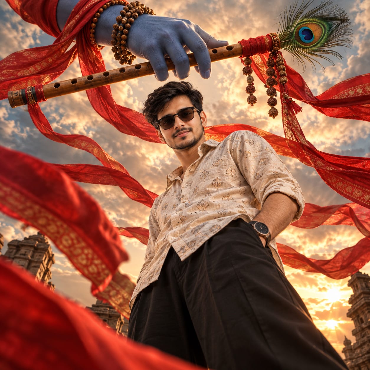 Young man in sunglasses standing beneath a divine blue hand holding a wooden flute with a peacock feather and flowing red sacred fabric.