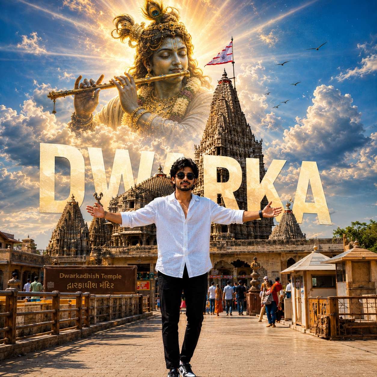 Stylish young man standing before Dwarkadhish Temple with a divine Lord Krishna silhouette and cinematic DWARKA travel-poster design Prompt.