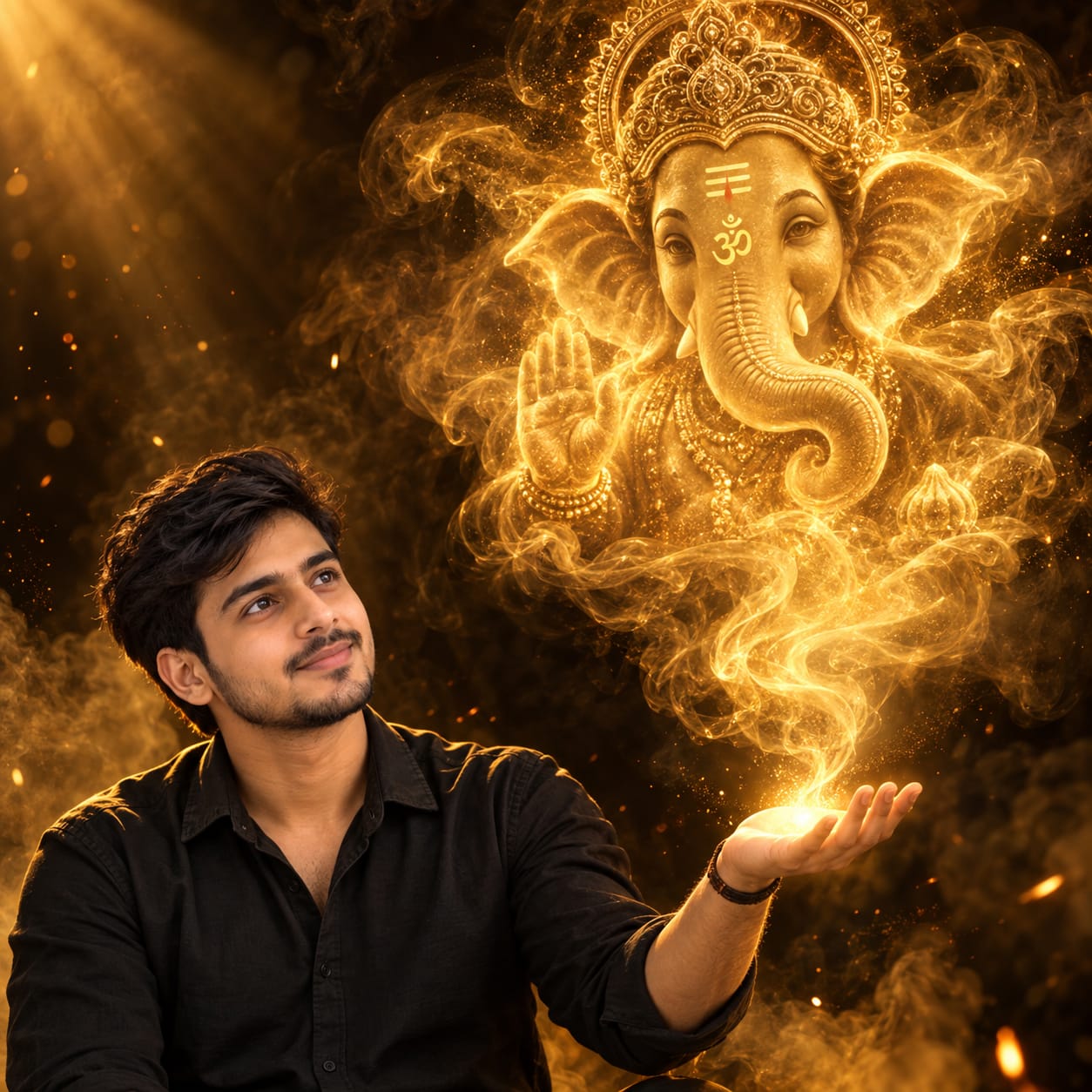 Young boy looking toward Lord Ganesha formed from glowing golden smoke and light rising from his open palm in a devotional scene.