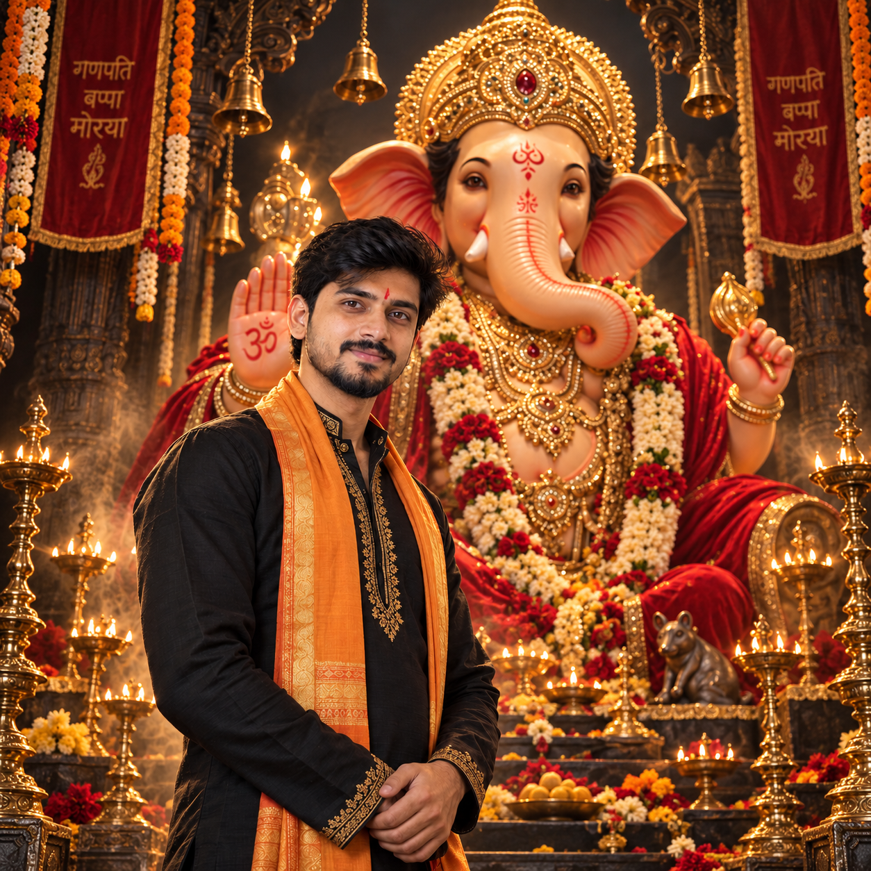 Indian man in a black kurta and saffron stole standing before a majestic Lord Ganesha idol in a dramatic Ganesh Chaturthi festival setting.