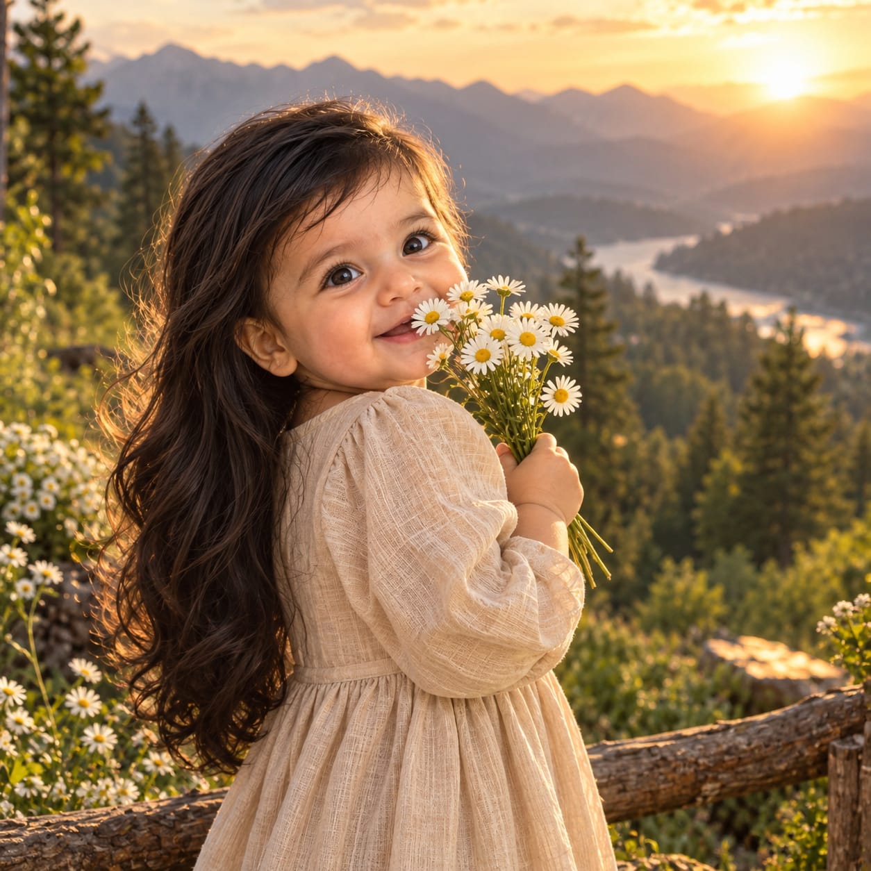 Young girl in a beige linen dress smelling white daisies in a lush mountainous forest during warm golden-hour sunset.