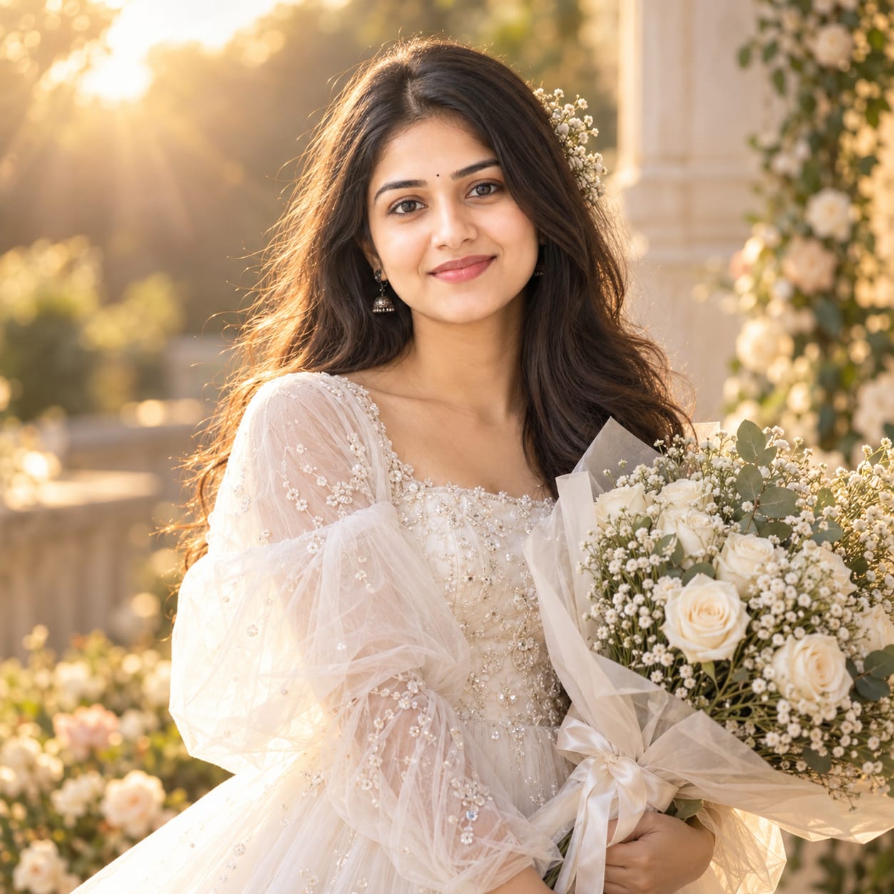 Young woman in a flowing white bridal gown holding a white rose bouquet in warm golden-hour sunlight with voluminous curly hair.