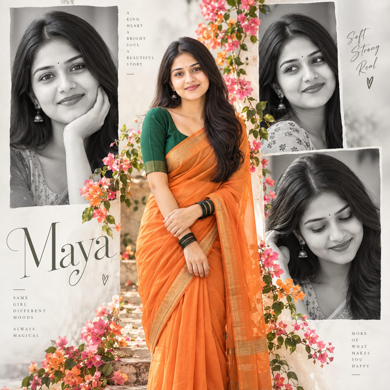 Indian woman in an orange saree and green blouse featured in a premium floral collage portrait with three black-and-white panels and elegant editorial styling.