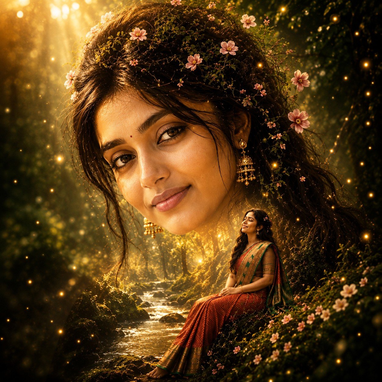 Serene woman blended with a lush forest in a magical double exposure fantasy portrait with glowing fireflies Prompt.