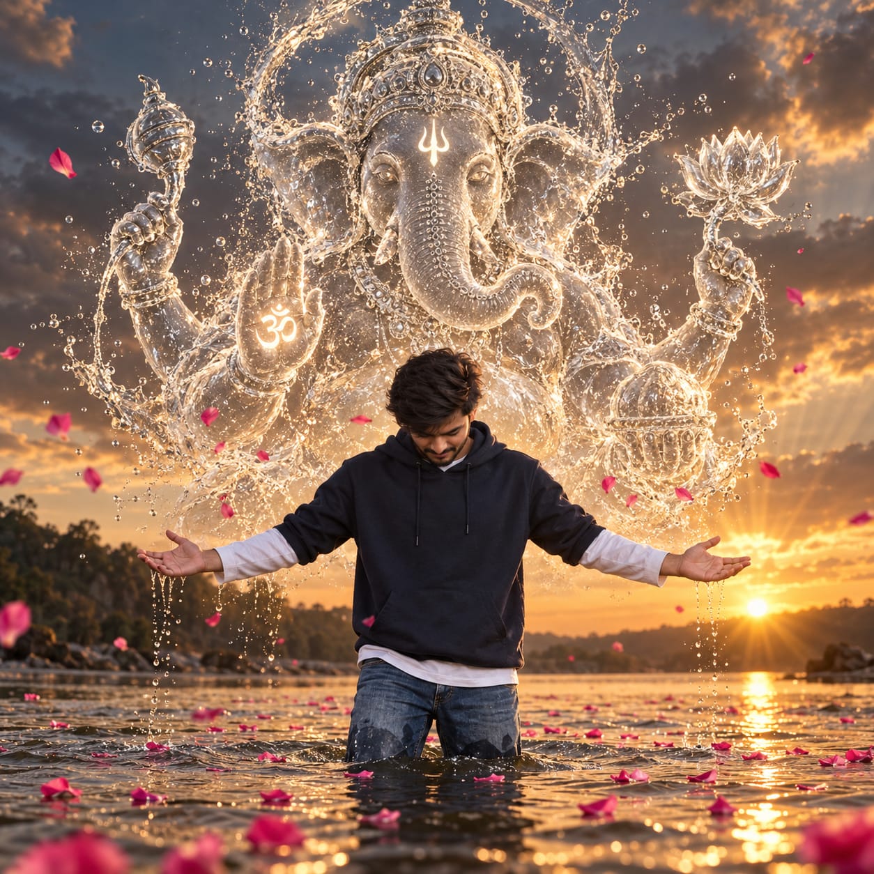 Man standing in a river at sunset before an ethereal Lord Ganesha formed from splashing water and luminous light in a devotional scene.