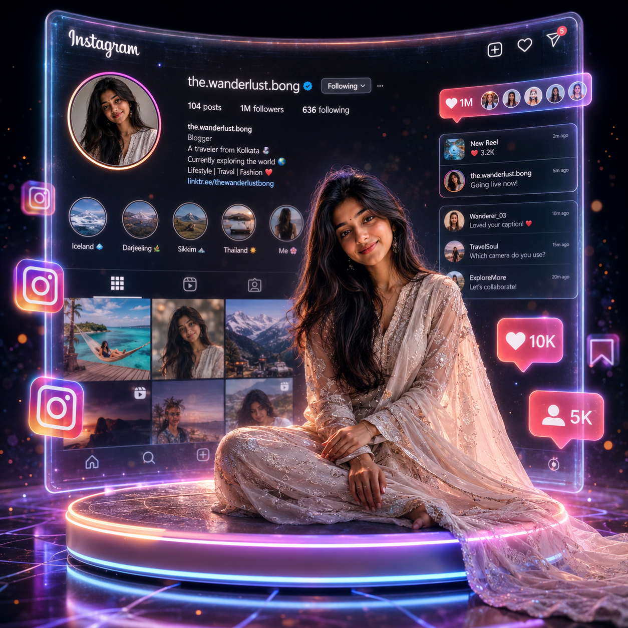 Person seated on a floating platform surrounded by futuristic holographic Instagram interfaces and cinematic sci-fi effects Prompt.