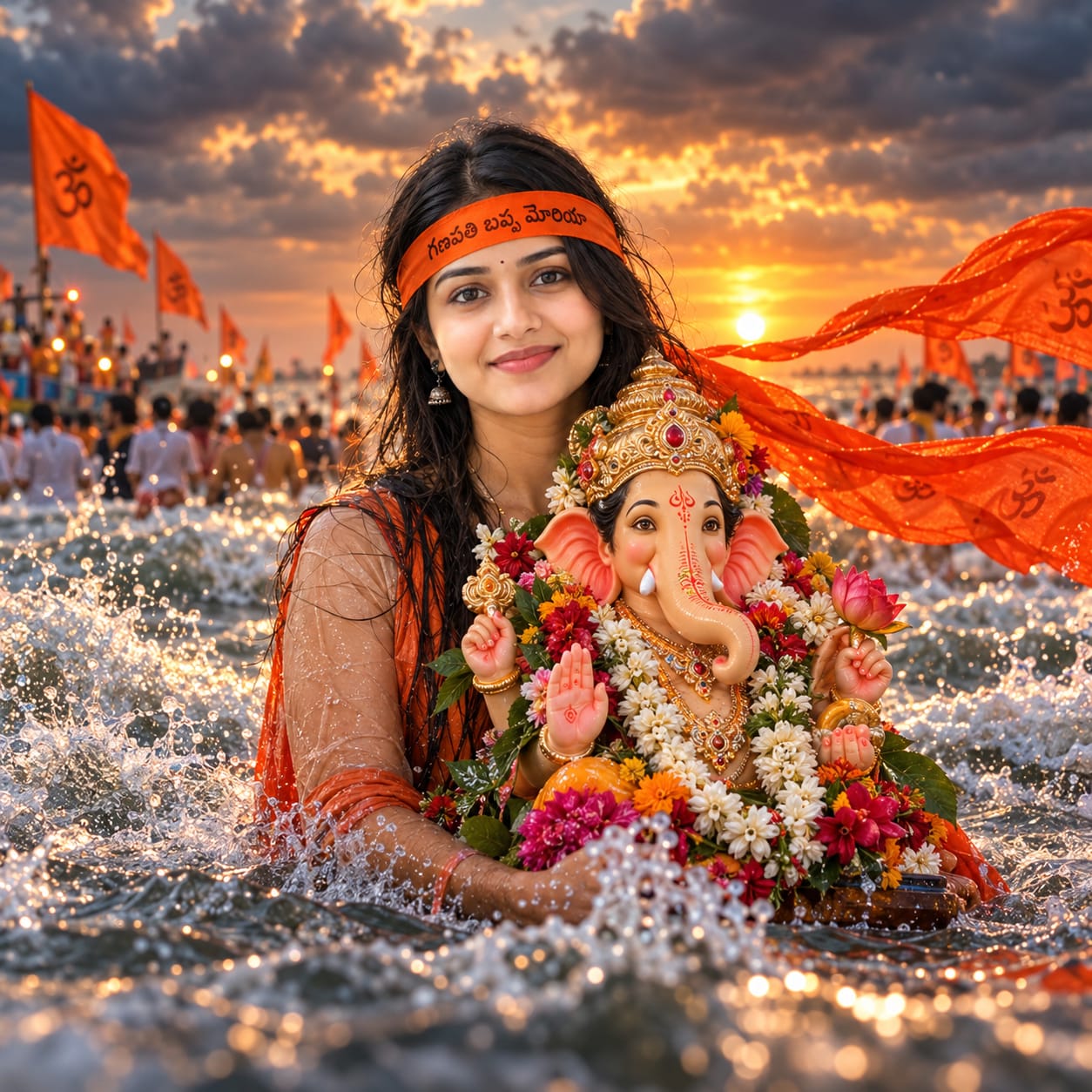 Devotional man holding a decorated Lord Ganesha idol waist-deep in ocean water during Ganesh Visarjan, with dramatic waves, sunset, and orange flags.