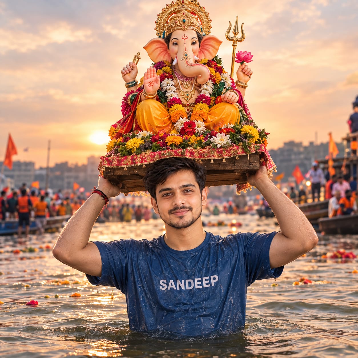 Young man carrying a decorated Lord Ganesha idol above his head while standing waist-deep in river water during a cinematic Ganesh Visarjan celebration.