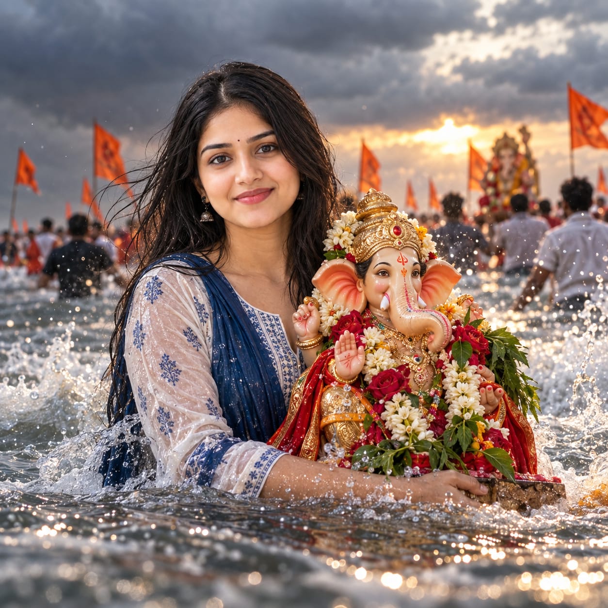 Young woman holding a decorated Lord Ganesha idol waist-deep in ocean water during Ganesh Visarjan, surrounded by waves, orange flags, and dramatic stormy skies.