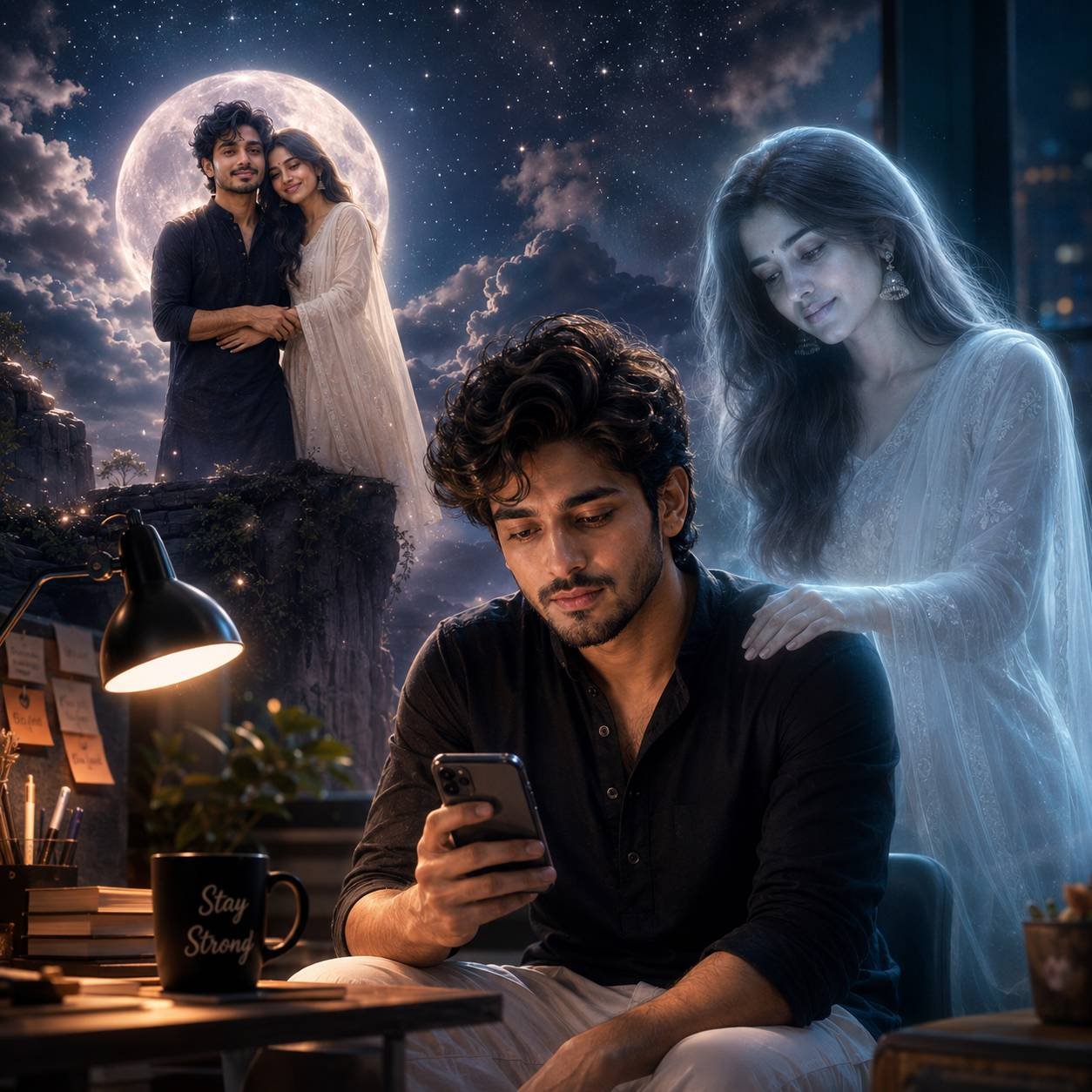 Young man illuminated by a desk lamp with a ghostly woman behind him and moonlit memories in a cinematic fantasy portrait Prompt.