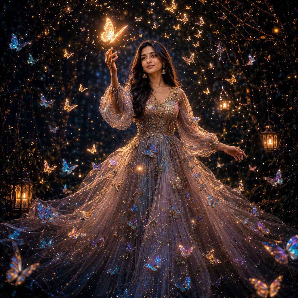 Woman in an ethereal butterfly gown surrounded by glowing butterflies in a magical forest fantasy portrait Prompt.