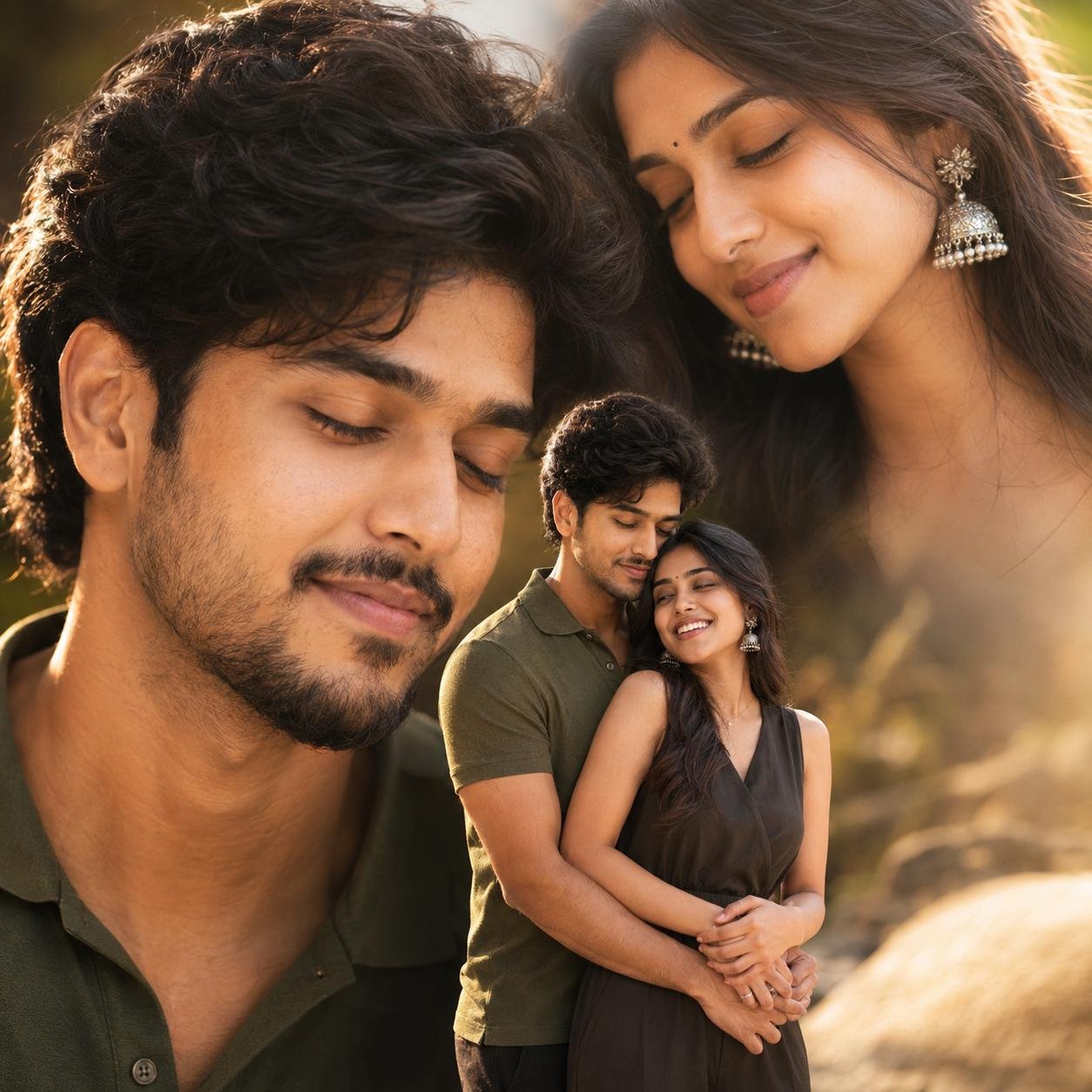 Romantic couple featured in a soft-focus cinematic poster with golden-hour lighting and emotional storytelling portrait composition Prompt.