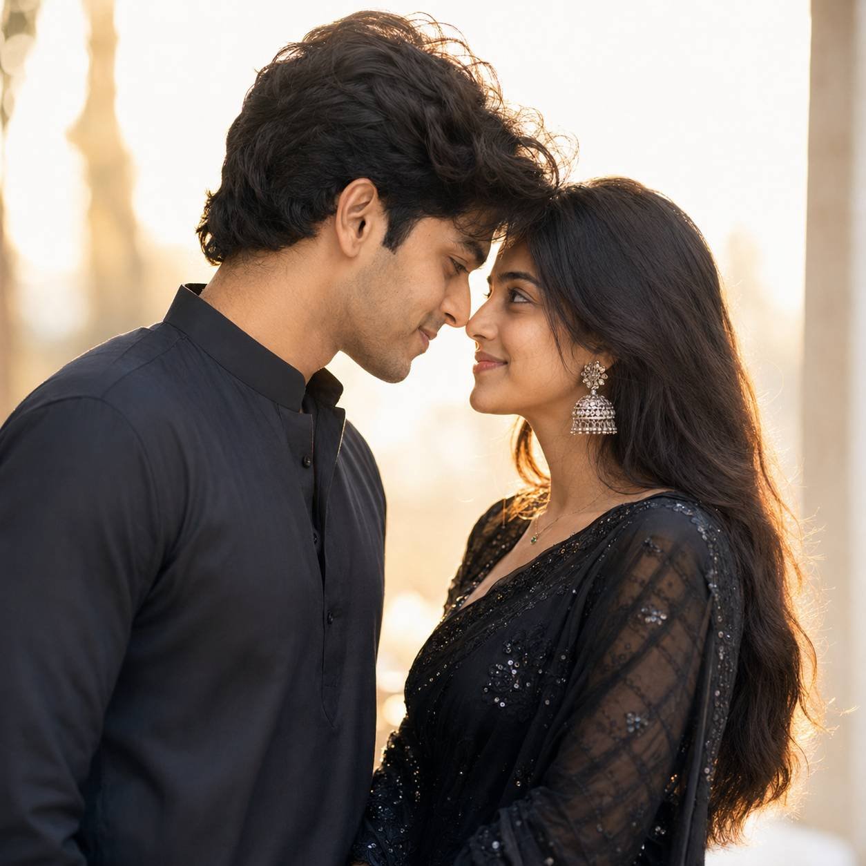 South Asian couple touching foreheads and sharing a romantic moment in a cinematic golden-hour portrait Prompt.