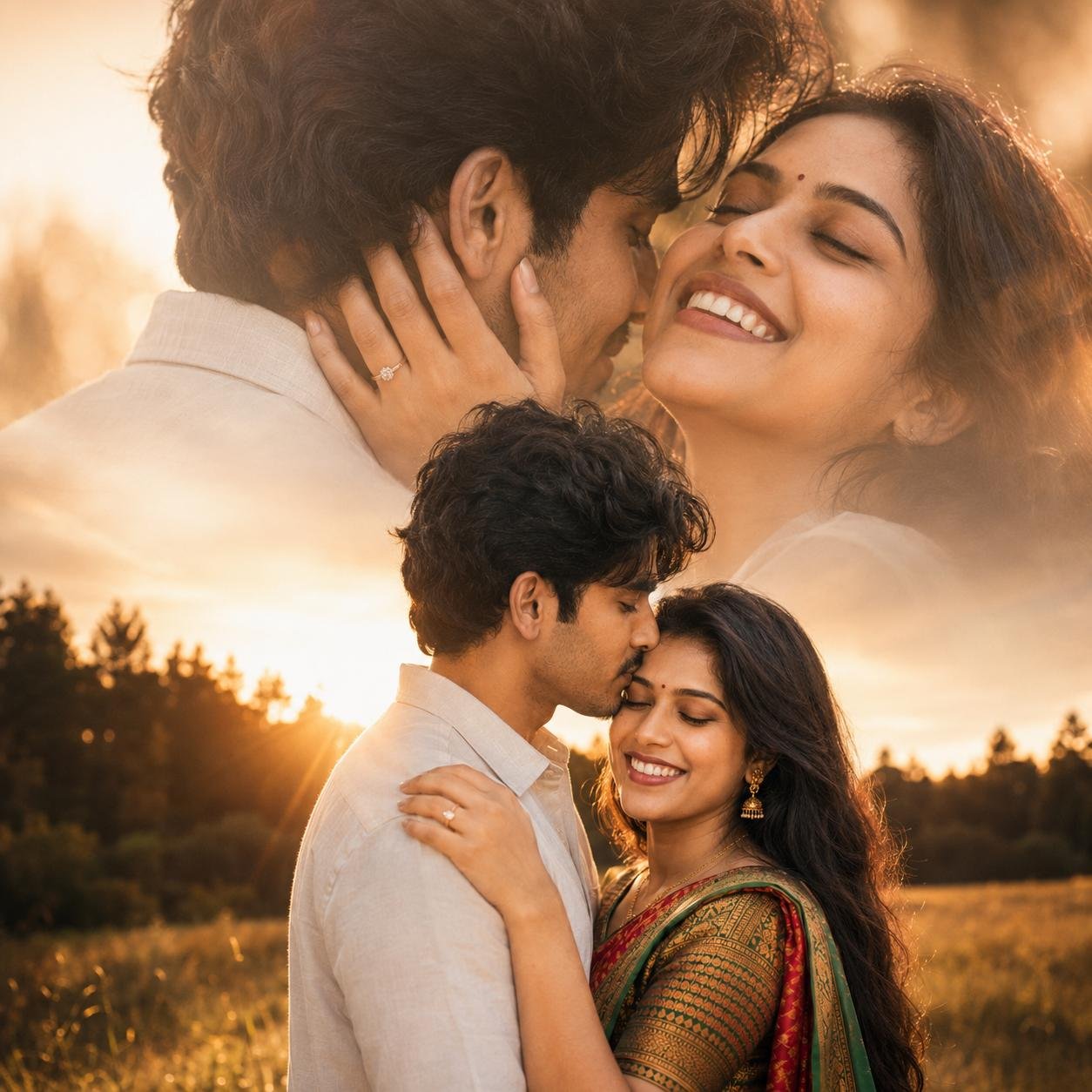 Romantic couple embracing in a golden meadow with an emotional double-exposure overlay and cinematic storytelling Prompt.