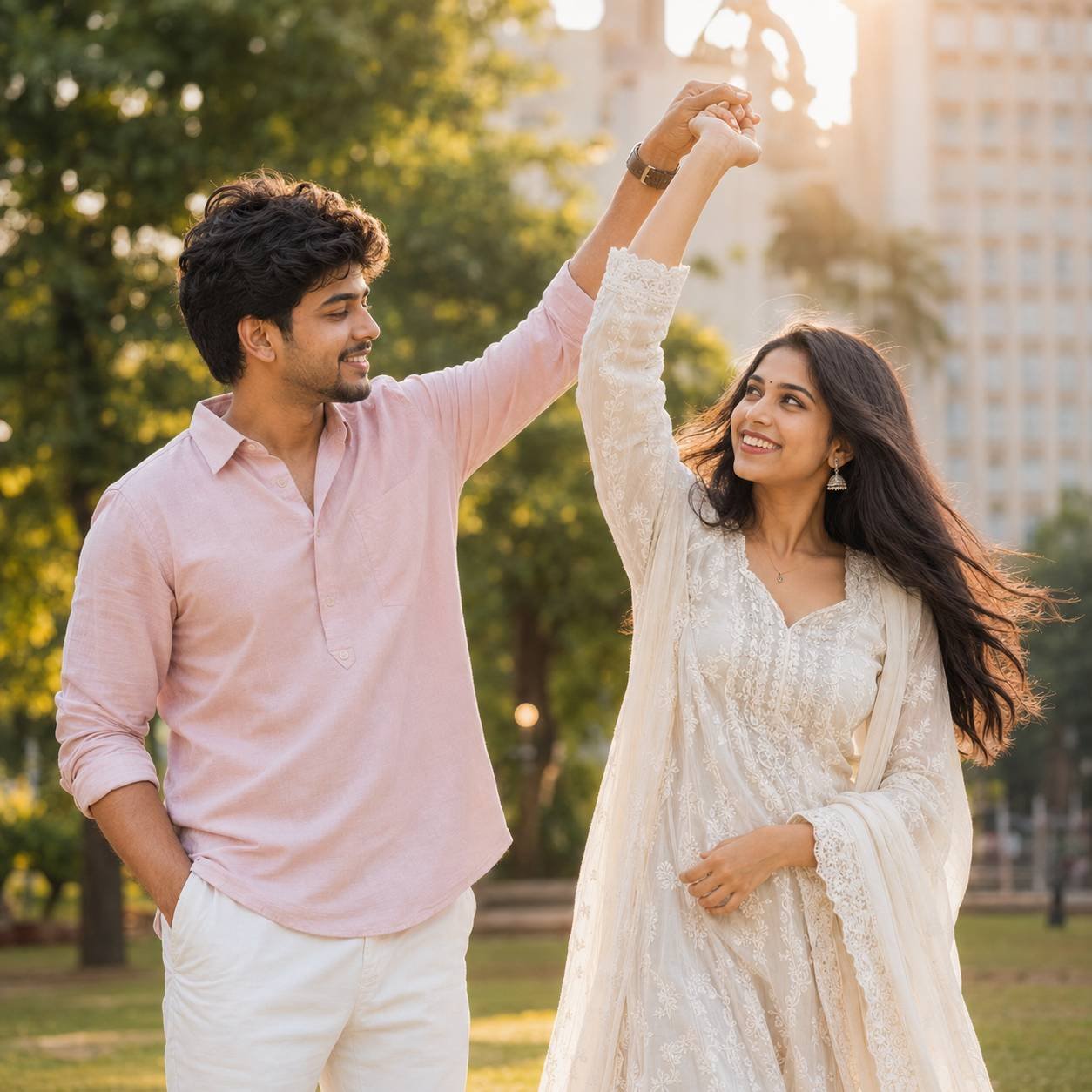 Young South Asian couple sharing a romantic twirl moment in a park during golden hour with cinematic photography Prompt.