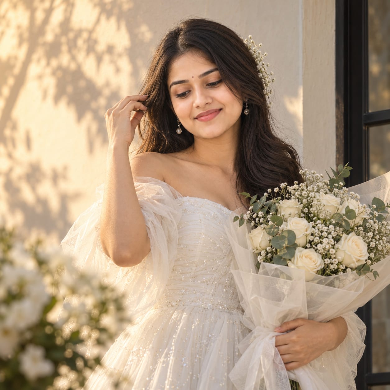 Young Indian bride in a white princess gown holding a white rose bouquet beside a cream wall in warm golden-hour sunlight.
