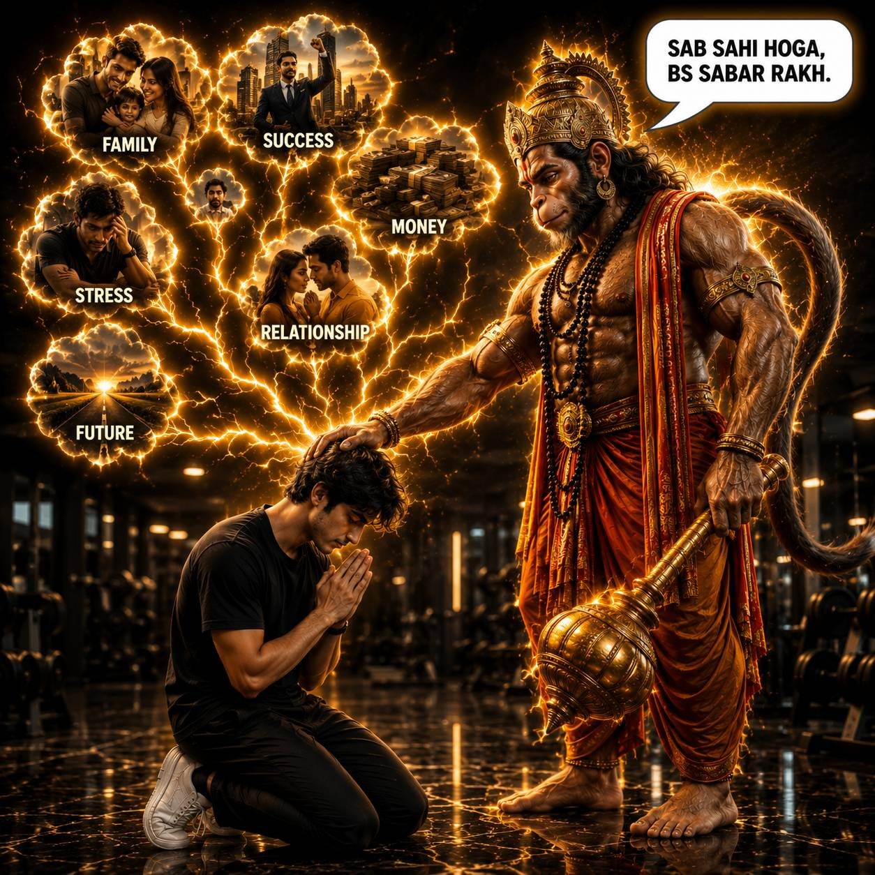 Hanuman Ji blessing a praying devotee inside a luxury gym with divine golden light, spiritual symbolism, and cinematic realism Prompt.