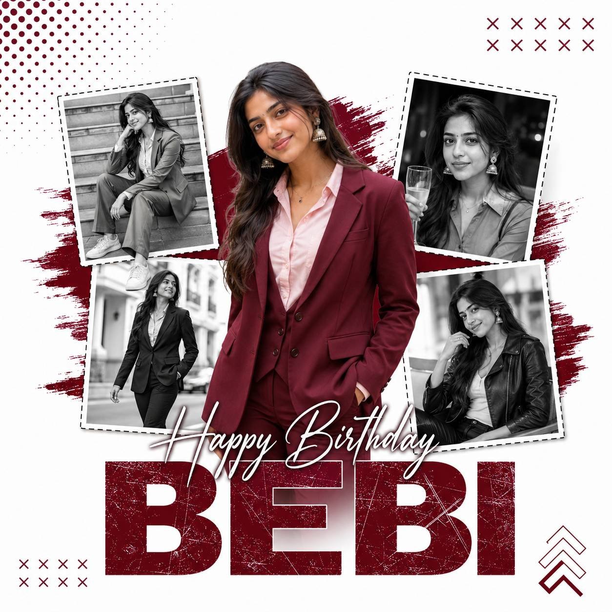 Stylish birthday poster featuring a young woman in a maroon suit with editorial collage frames and luxury typography on a white background Prompt.