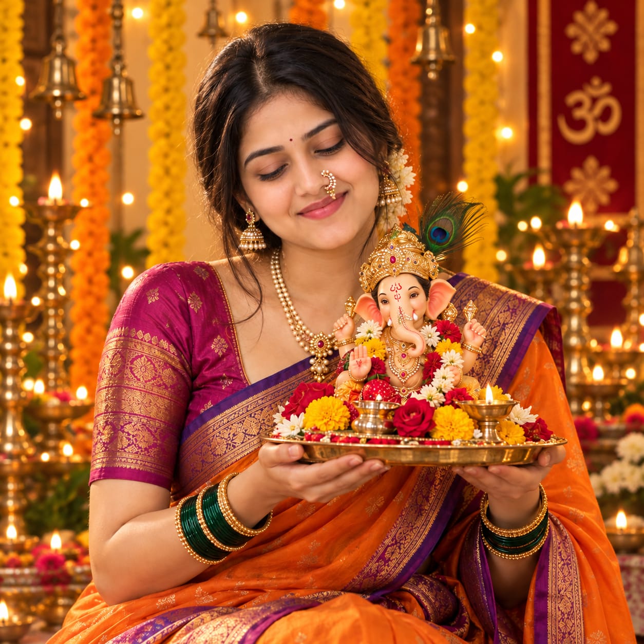 Indian woman in an orange silk saree holding a decorated Bal Ganesha idol on a traditional puja thali during Ganesh Chaturthi.