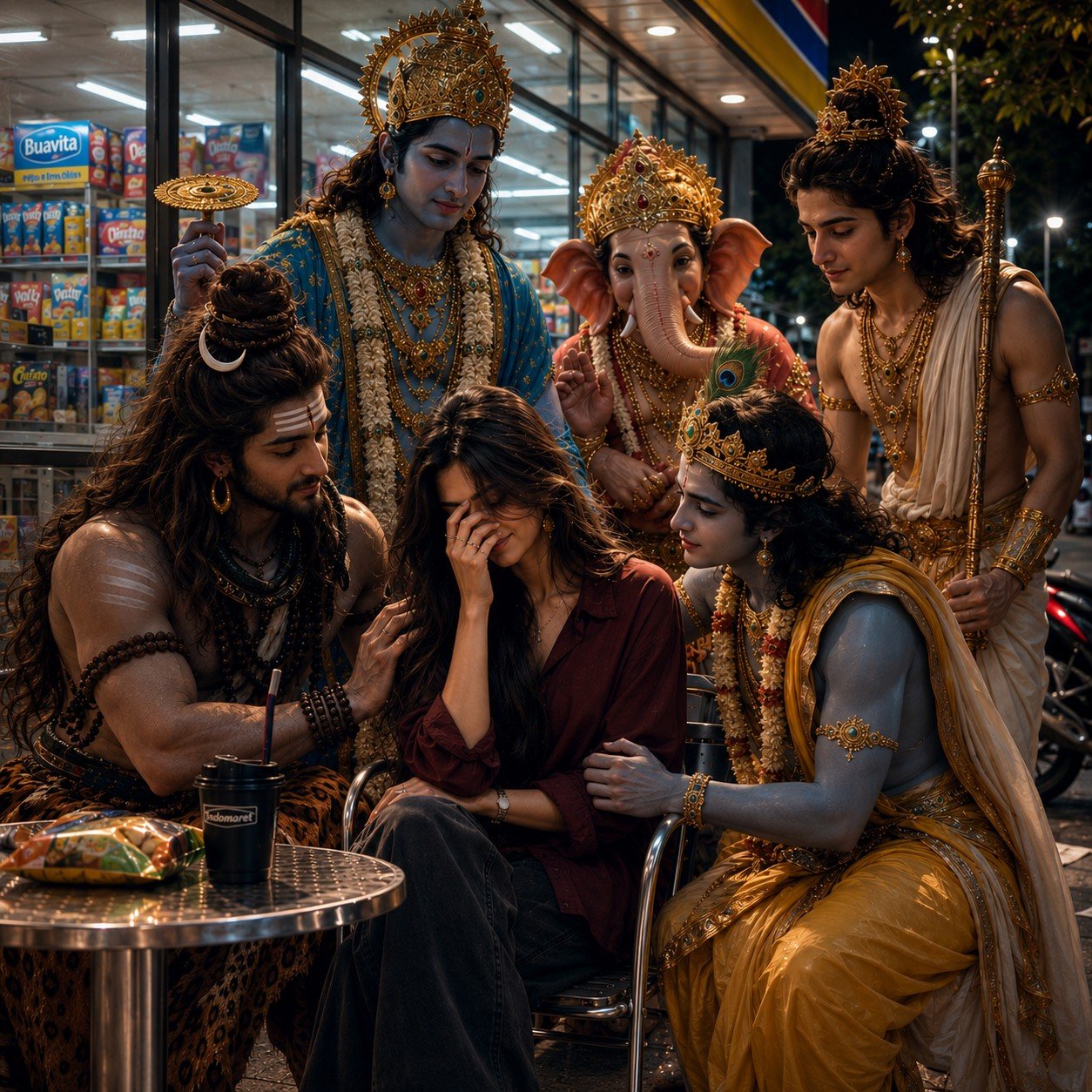 Young Indian woman receiving comfort from divine Hindu figures in a cinematic late-night scene outside a convenience store Prompt.
