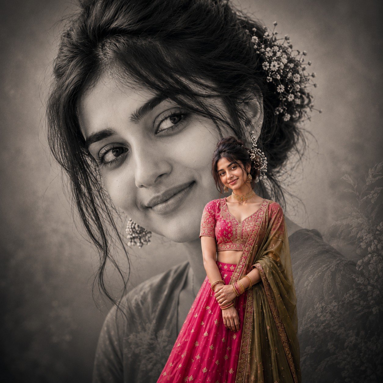 Indian woman in a hot-pink lehenga featured in a cinematic double-exposure portrait with a monochrome background portrait Prompt.