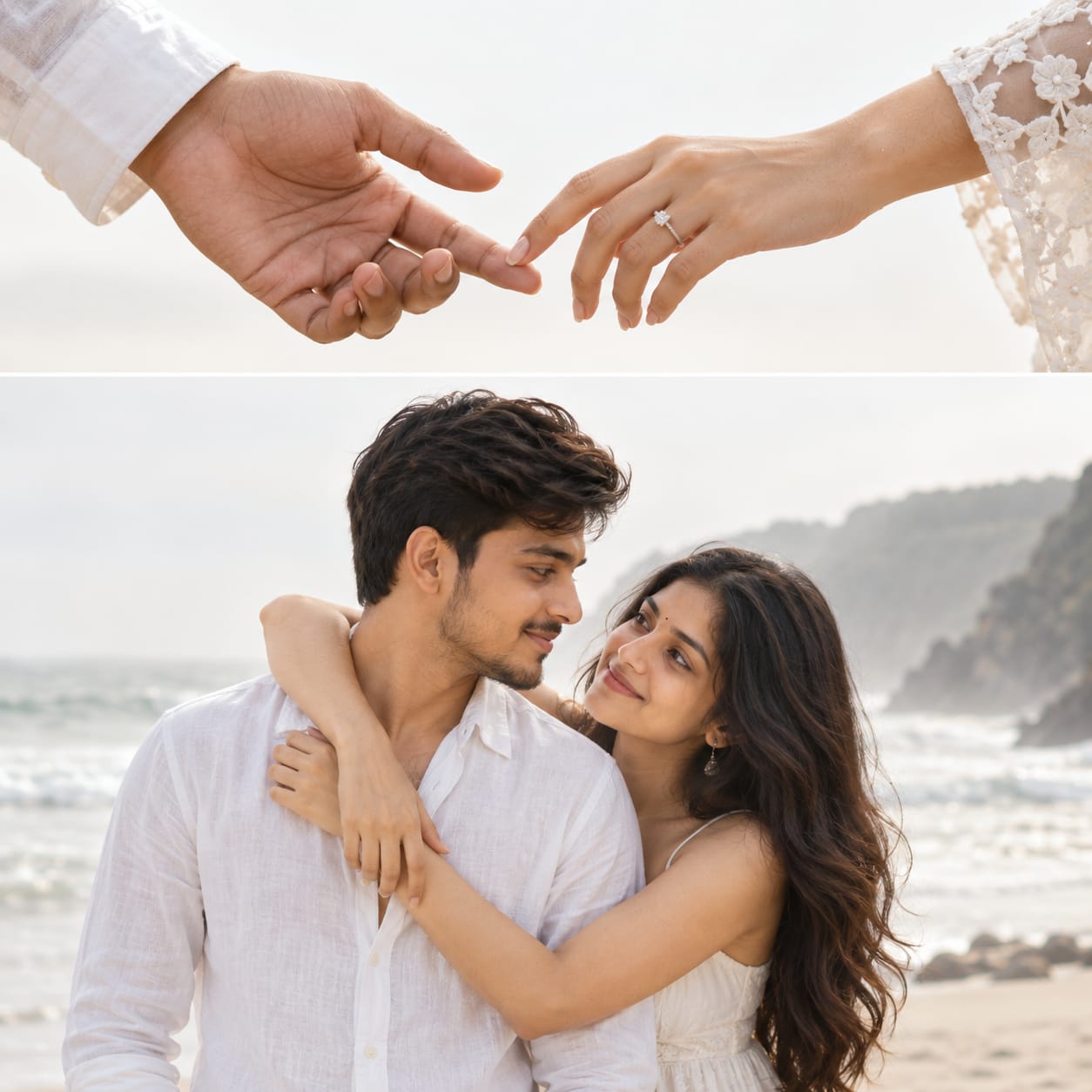 Indian pre-wedding couple on a misty beach with a romantic close-up of their hands touching in a diptych collage