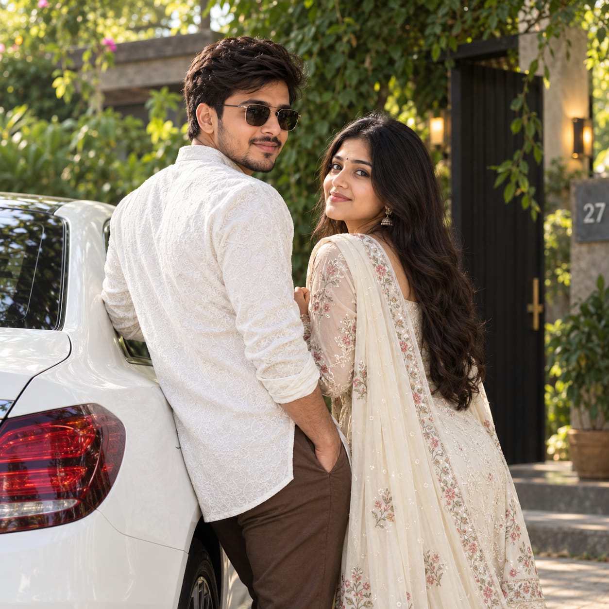 Indian couple in traditional white and cream kurta outfits leaning against a white car beside a lush green entrance