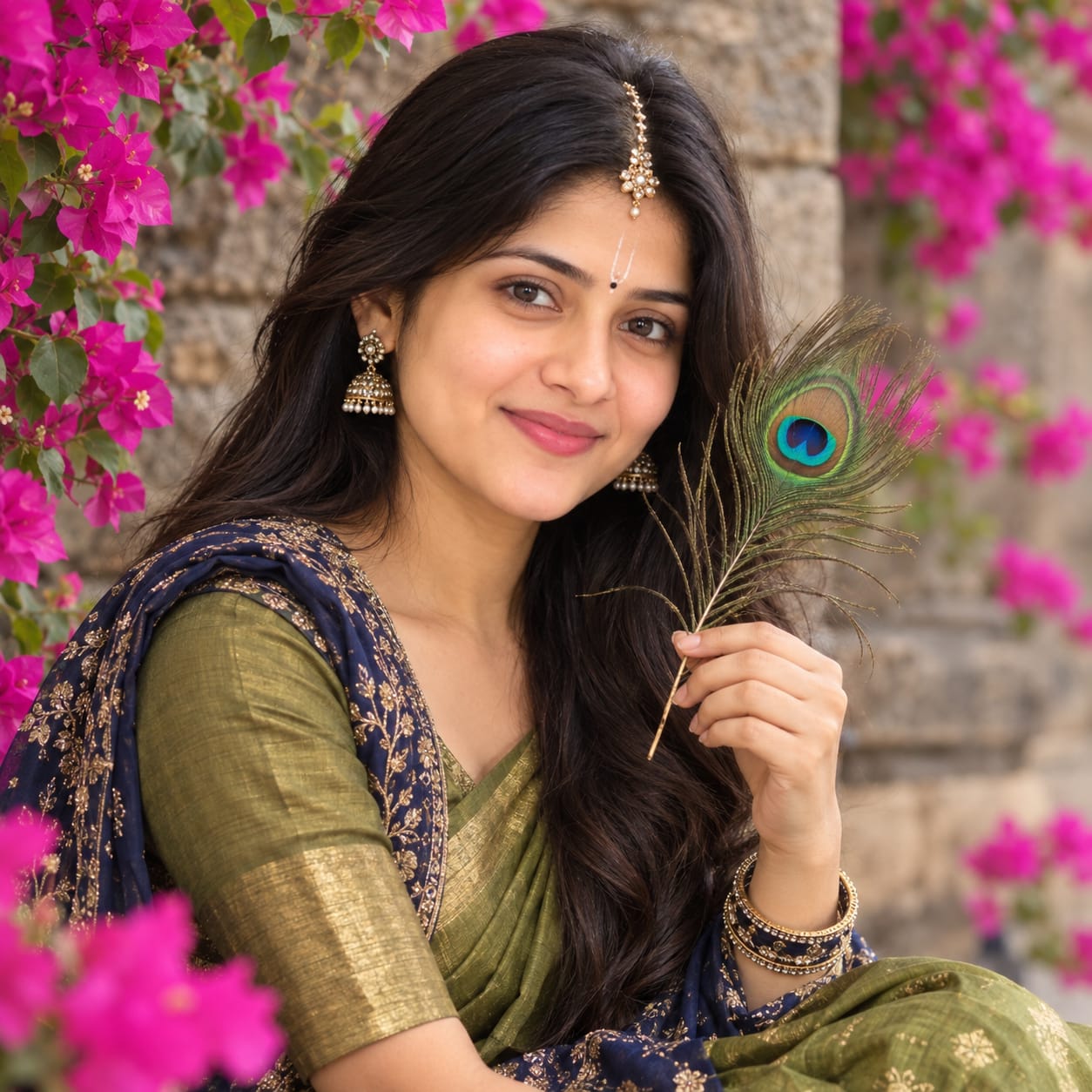 Indian woman in an olive-green saree holding a peacock feather near her face with traditional jewelry, white tilak and magenta bougainvillea outdoors.