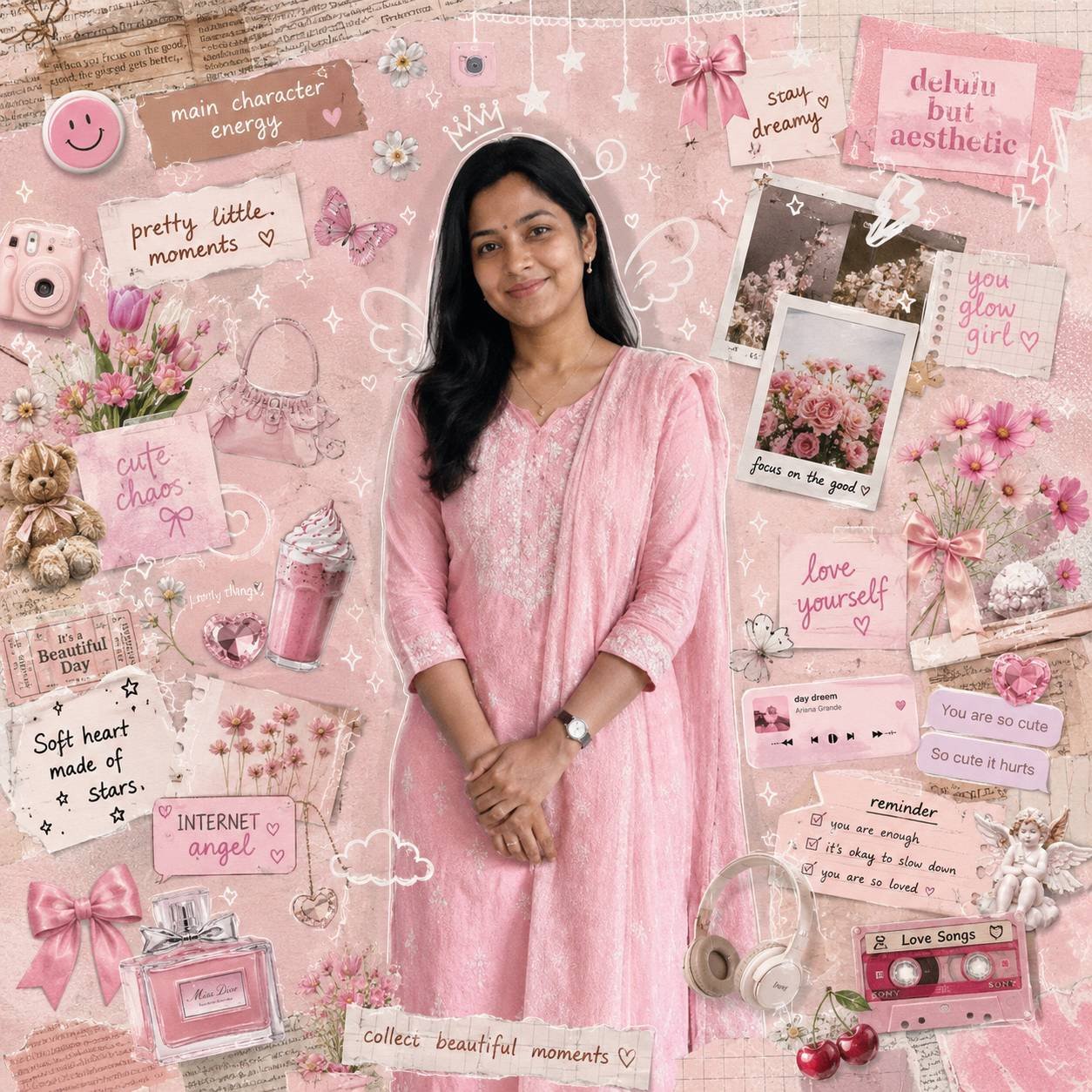 Young woman surrounded by pastel scrapbook doodles, stickers, handwritten notes, and Pinterest-inspired collage elements Prompt.