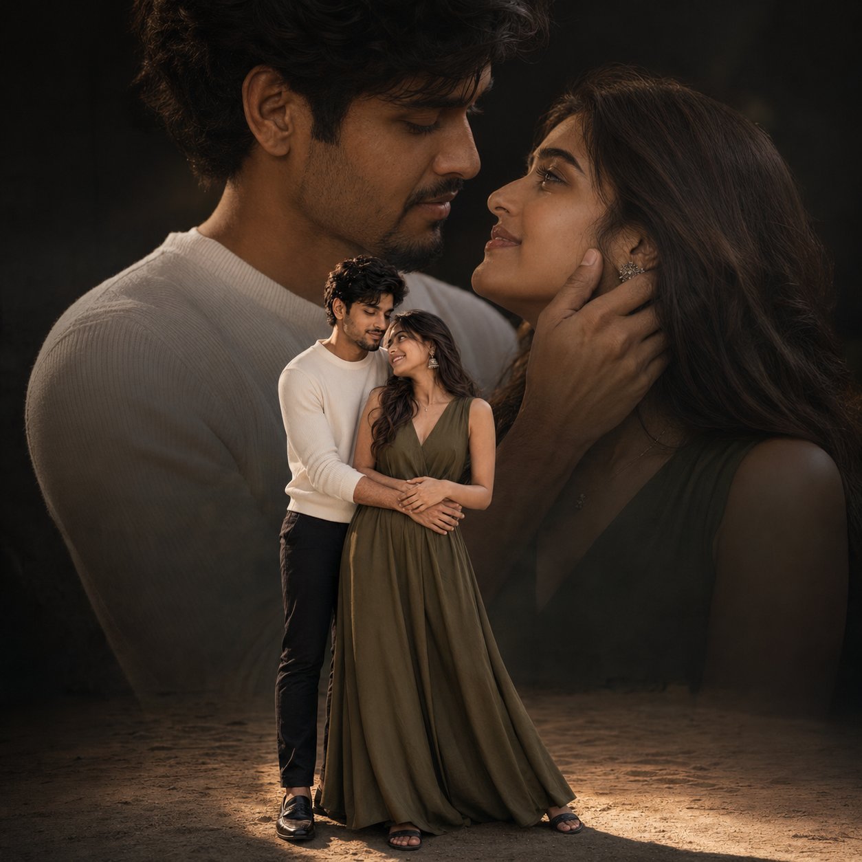 Romantic couple featured in an intimate double-exposure portrait with olive green fashion styling and cinematic editorial lighting Prompt.