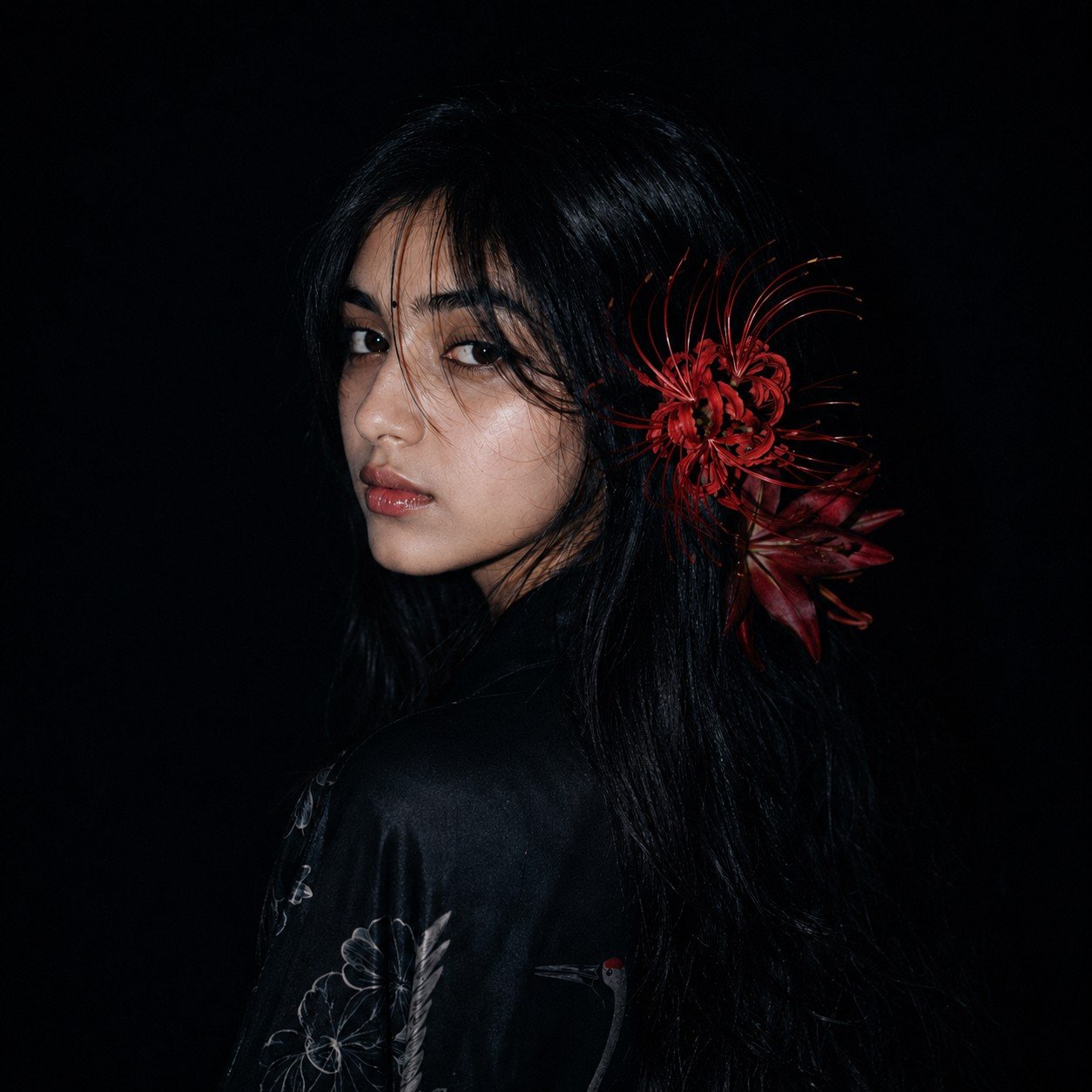 Girl in a black kimono with red spider lily flowers in her hair, captured in a cinematic Japanese-style flash portrait Prompt.