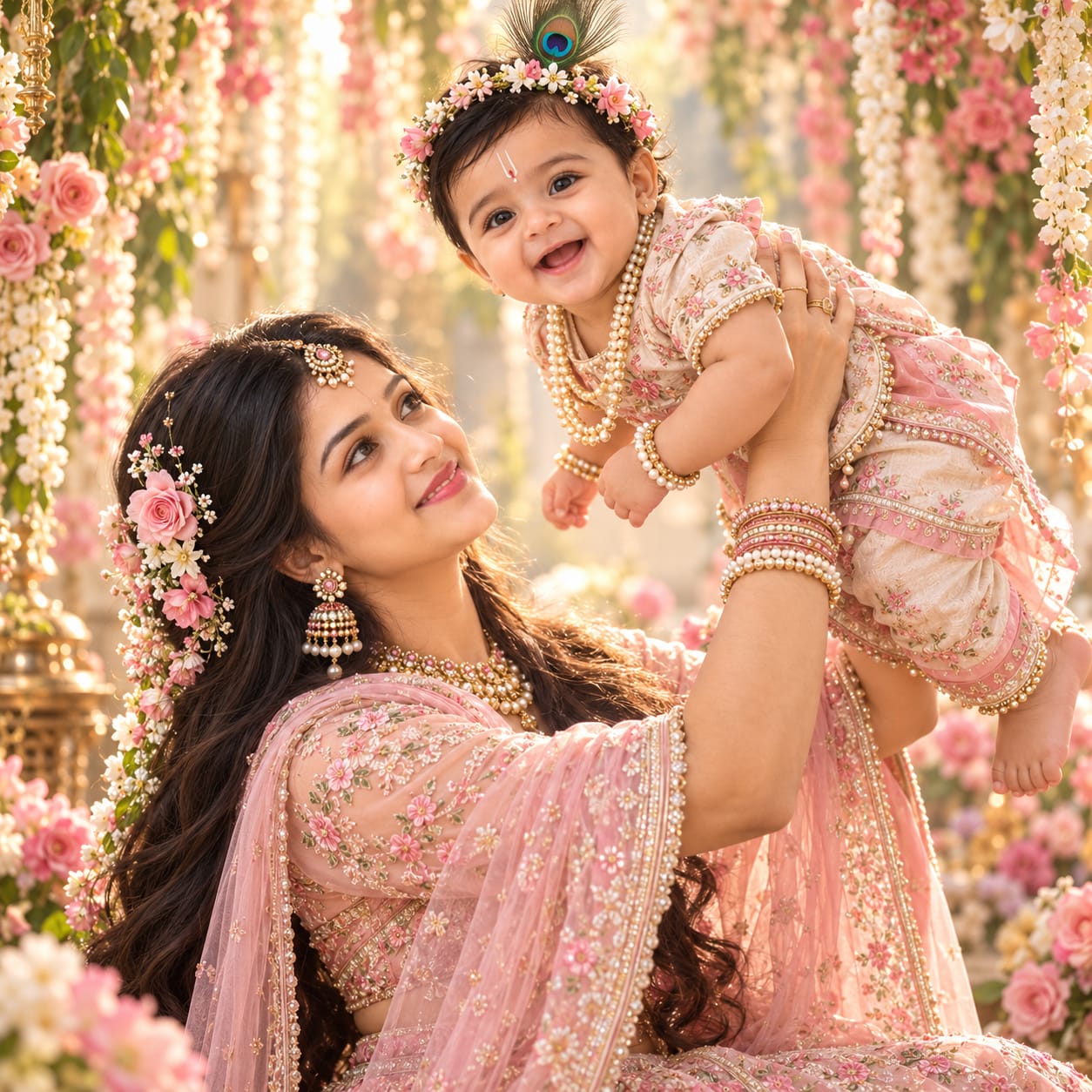 Joyful Indian mother in a pink lehenga lifting her Krishna-inspired baby boy beneath cascading flowers with a peacock feather and golden sunlight.