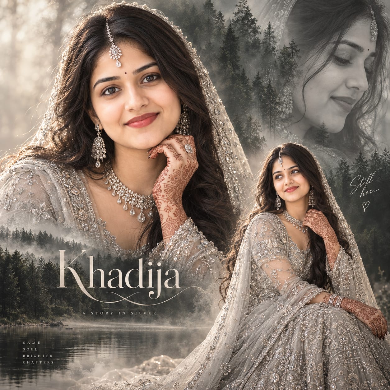 Elegant Indian bride in a silver embroidered lehenga with diamond jewelry and mehndi-covered hands, blended with a misty forest in a cinematic double-exposure portrait.