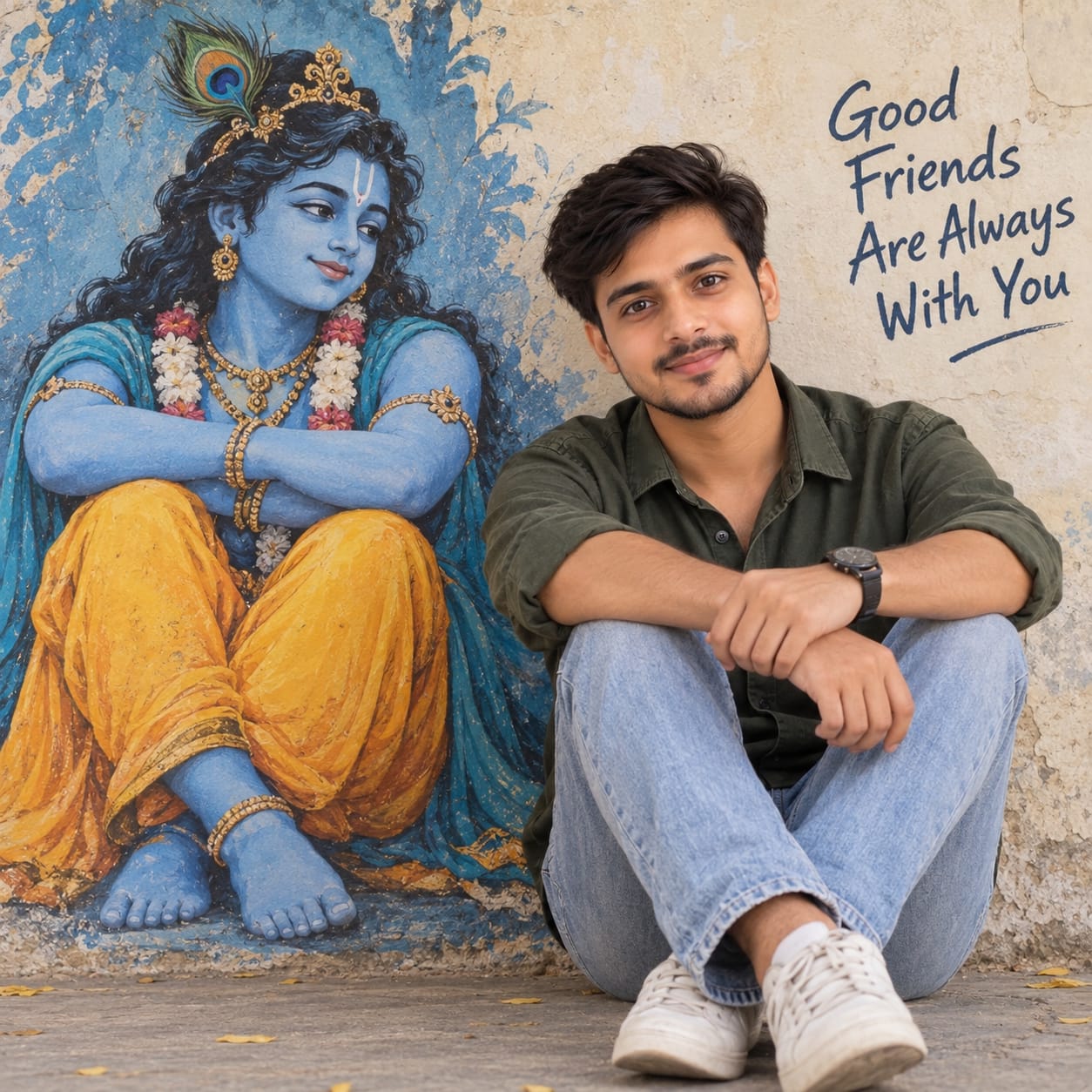 Photorealistic male portrait beside a detailed blue Krishna mural, with the replacement subject seamlessly integrated while preserving the original devotional background.