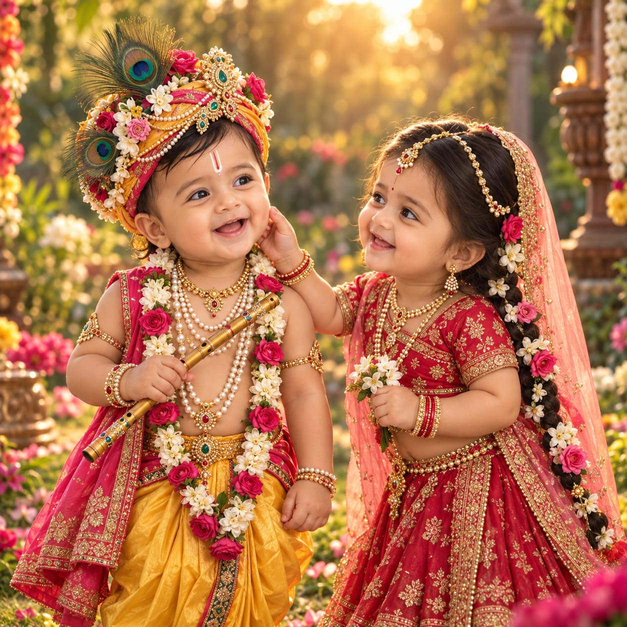 Two Indian children dressed as young Krishna and Radha standing together in a lush flower garden during golden hour with traditional clothing and jewelry.