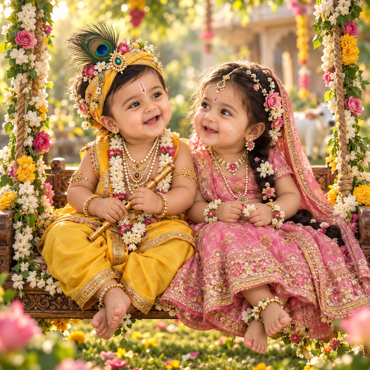 Two Indian children dressed as young Krishna and Radha sitting together on a flower-covered wooden swing in a lush garden during golden hour.