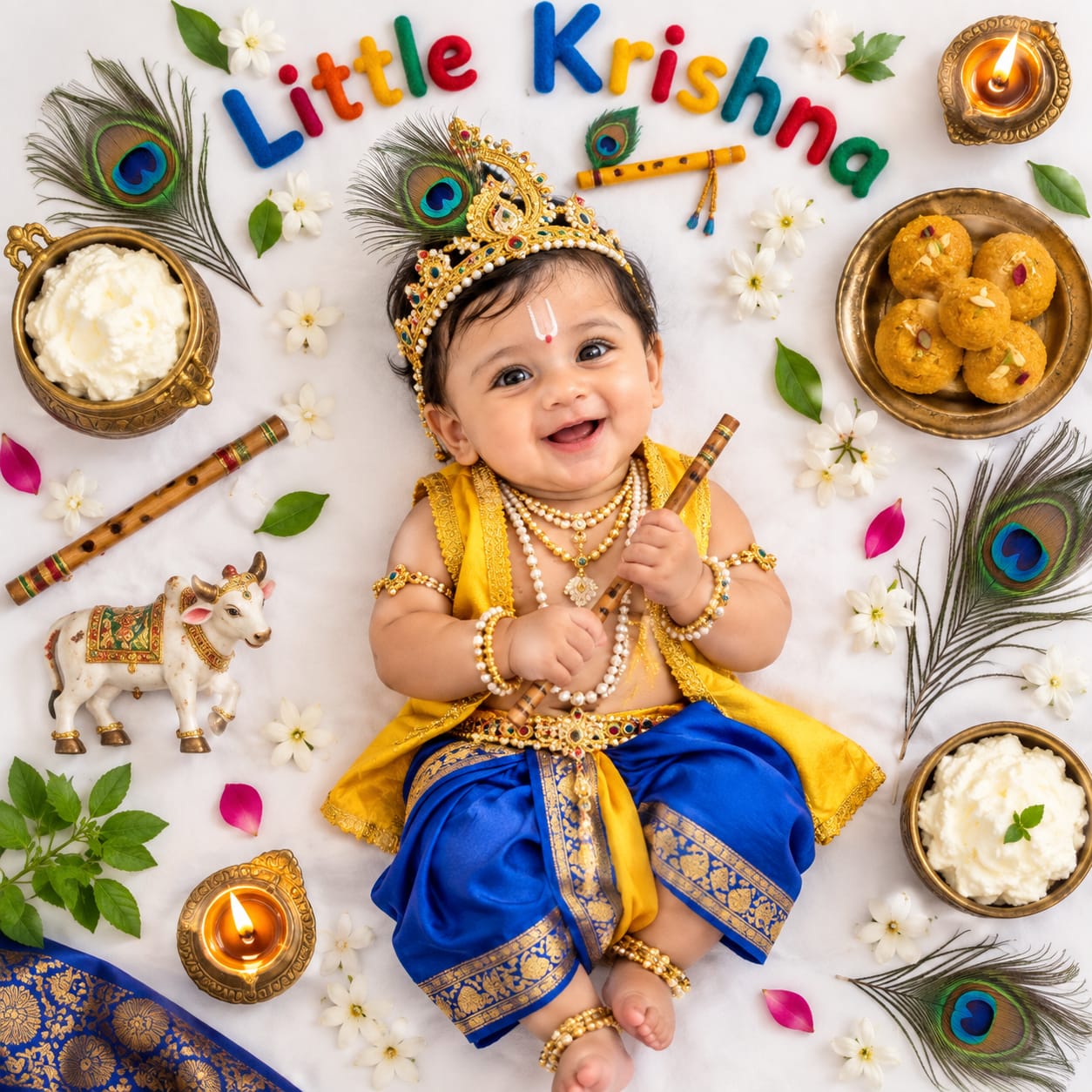 Smiling Indian baby boy dressed as Little Krishna lying on a white background with a golden crown, peacock feathers, flute, butter, flowers, and festive props.