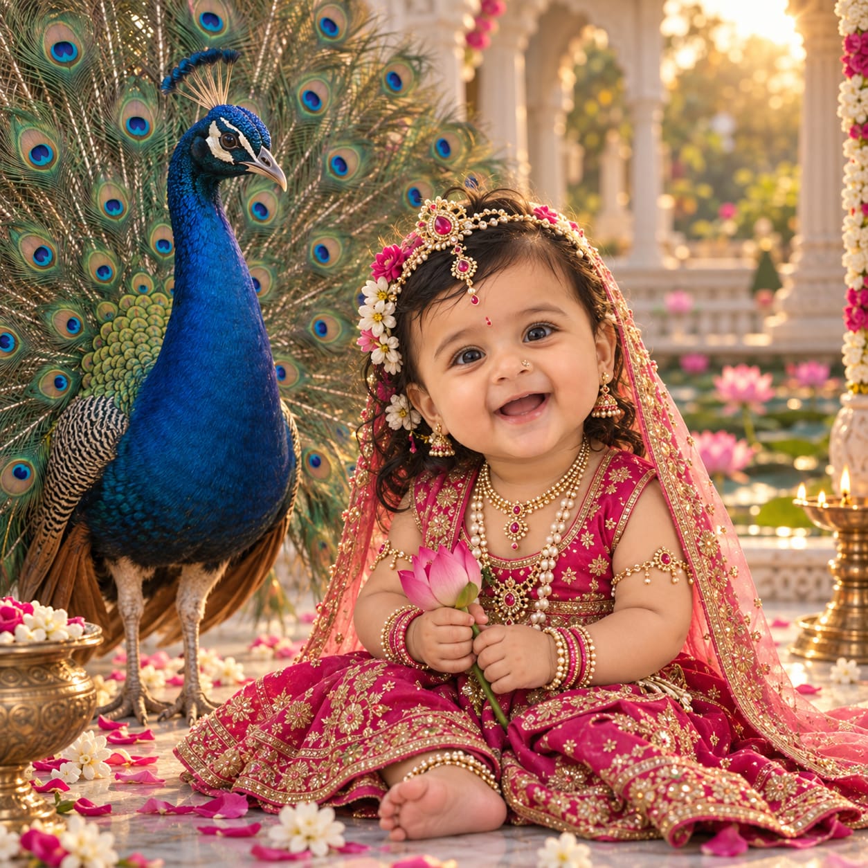 Adorable Indian baby girl dressed as Little Radha Rani seated beside a majestic peacock in a royal marble courtyard with pink lotus flowers.