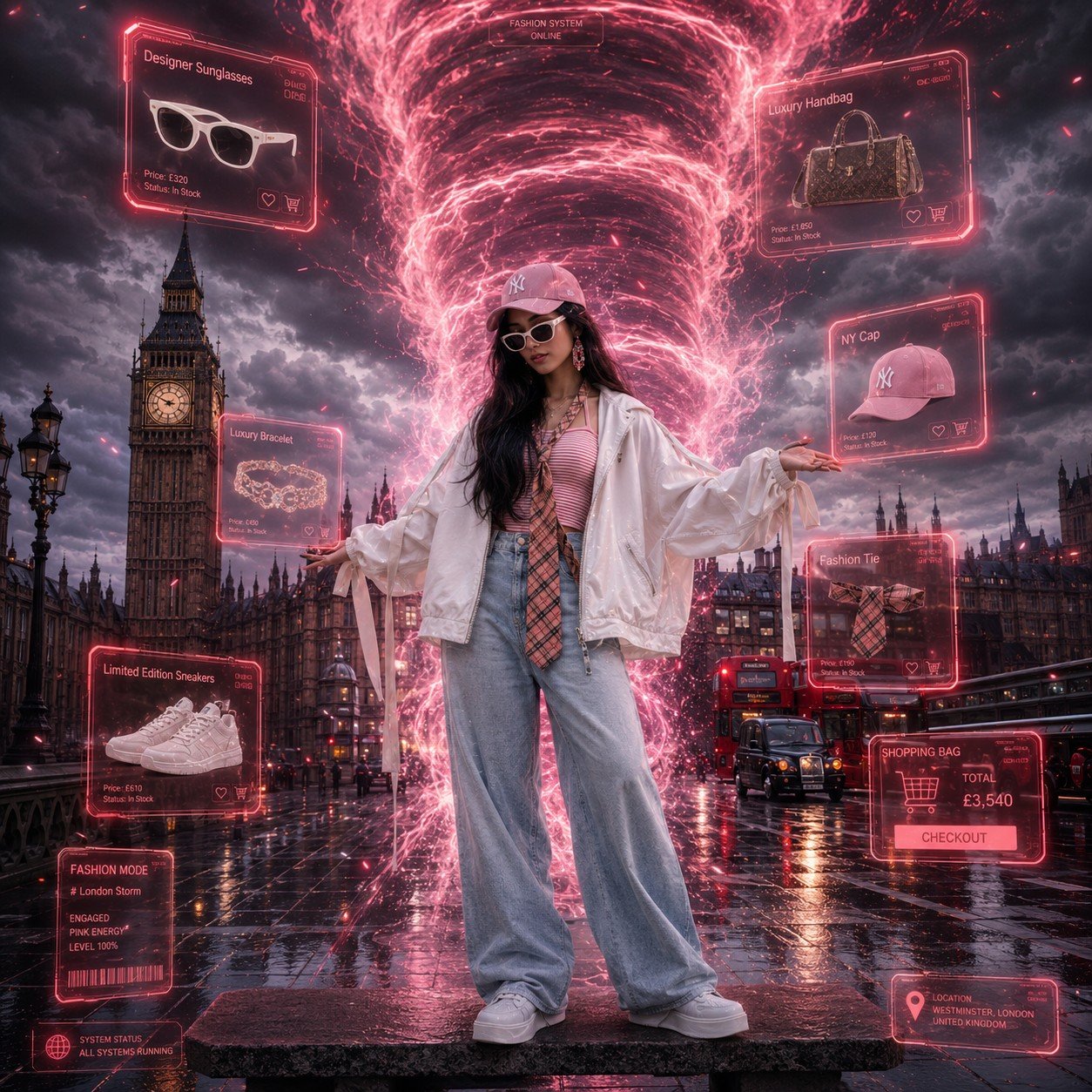 Stylish young girl near Big Ben in London surrounded by a glowing pink vortex and futuristic holographic fashion displays Prompt.