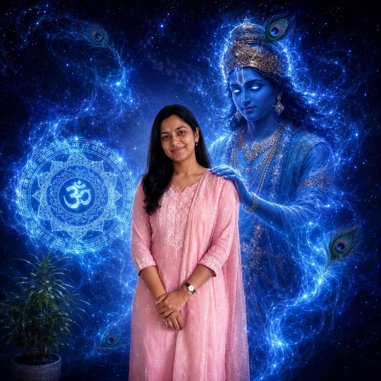 Lord Krishna appearing as a divine guardian behind a devotee with sacred blue energy, peacock feathers, and cinematic spiritual effects Prompt.