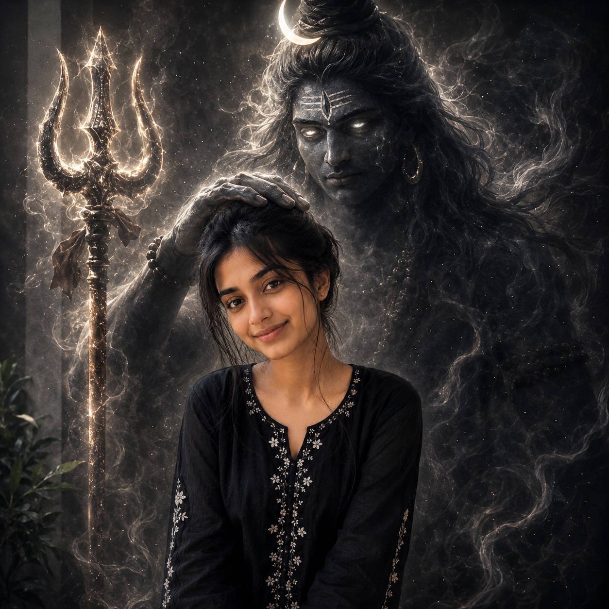 Lord Shiva emerging from sacred smoke behind a devotee with a glowing Trishul and divine blessing aura in a cinematic portrait Prompt.
