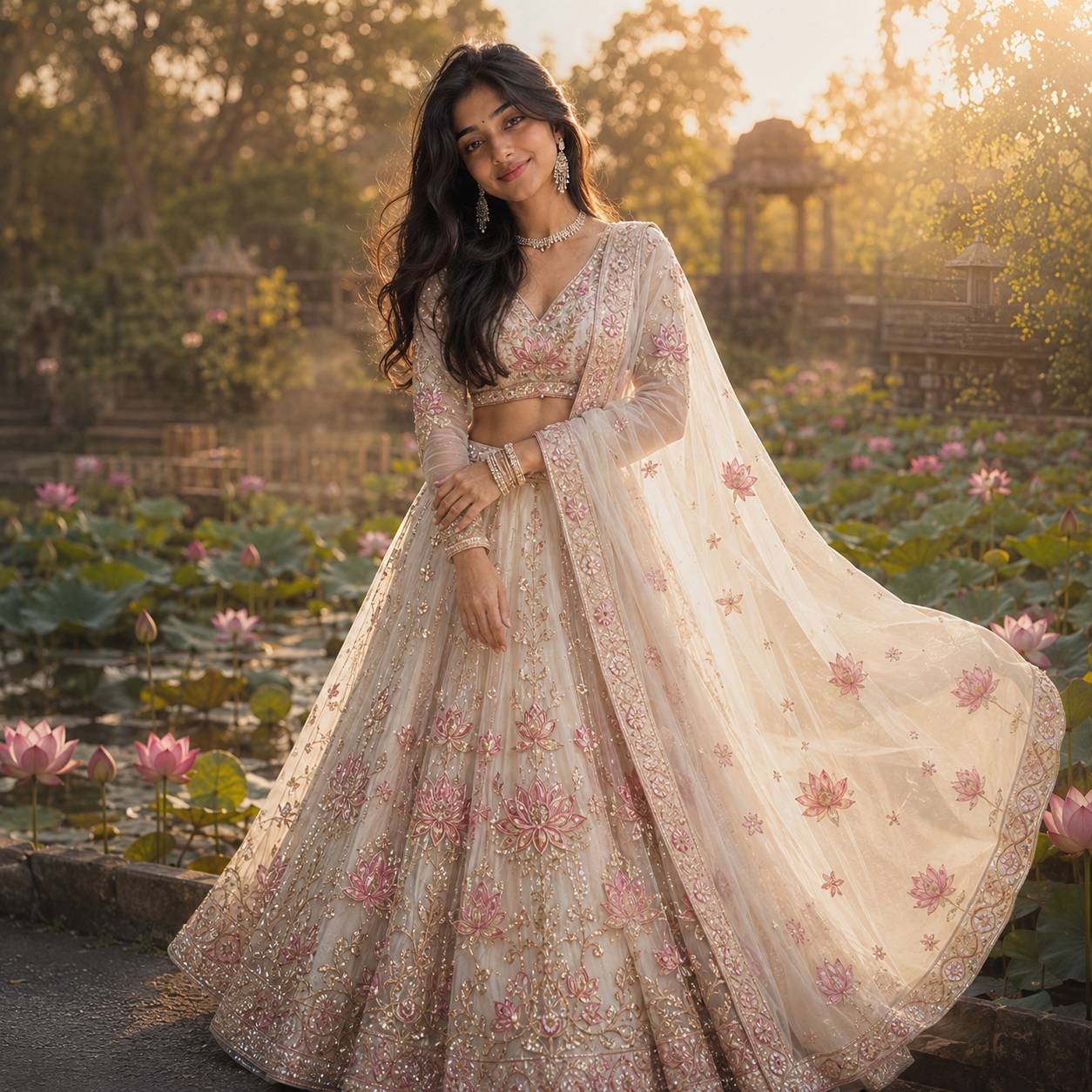 South Asian woman wearing a lotus-inspired couture lehenga in a dreamy lotus garden with cinematic golden-hour lighting Prompt.